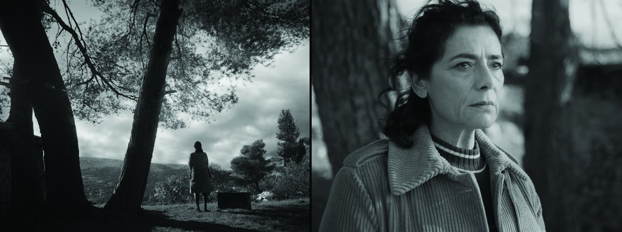 Black and White still from the film "In Vitro" shows a person standing outside next to a tree and looking off camera.