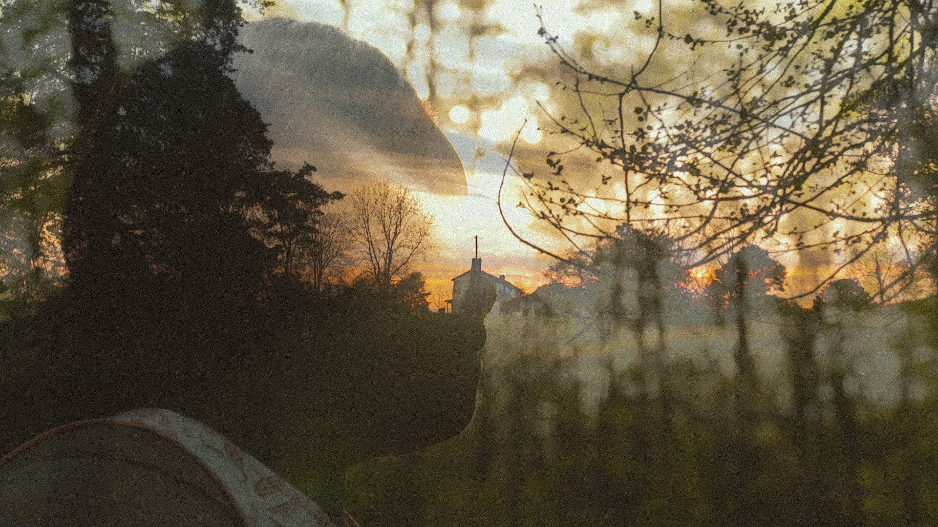 A still from ...that's why He made momma. It is a double exposure of a woman's profile on top of landscape shot of a field with trees on either side and a white house in the middle.