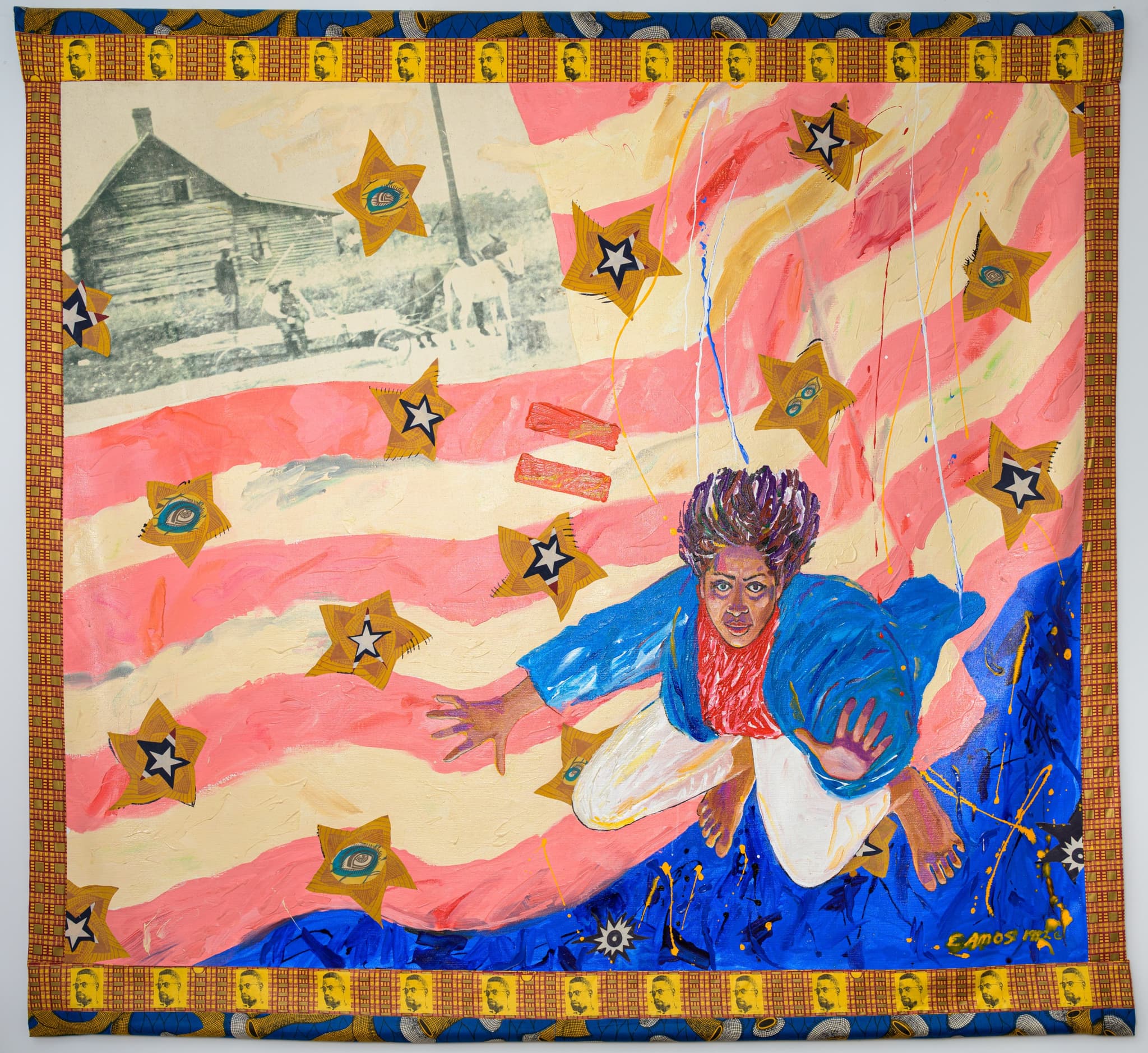 A Black person floats, as if falling down through the air, in front of a version of an American flag.
