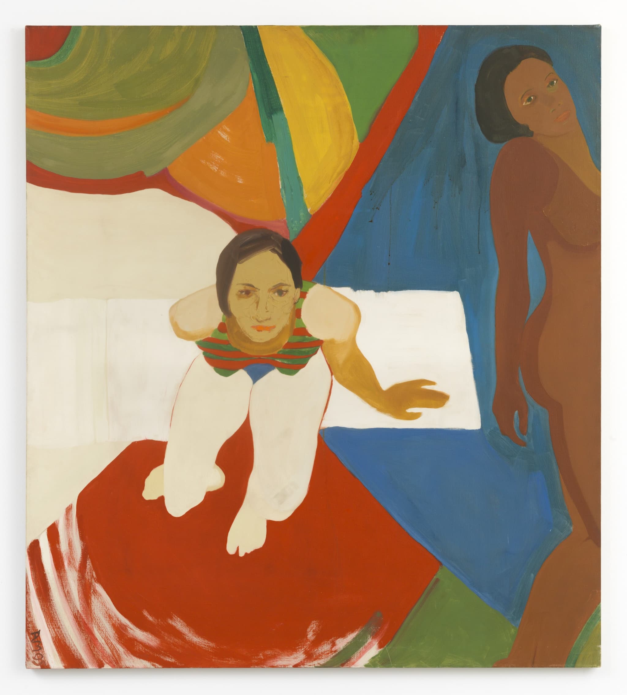 A seated figure, with multi-colored skin tones, looks up at the viewer, while surrounded by swirling primary colors. To their right is another figure, laying down or standing up, who leans back and also looks out at the viewer. This figure is clearly Black.