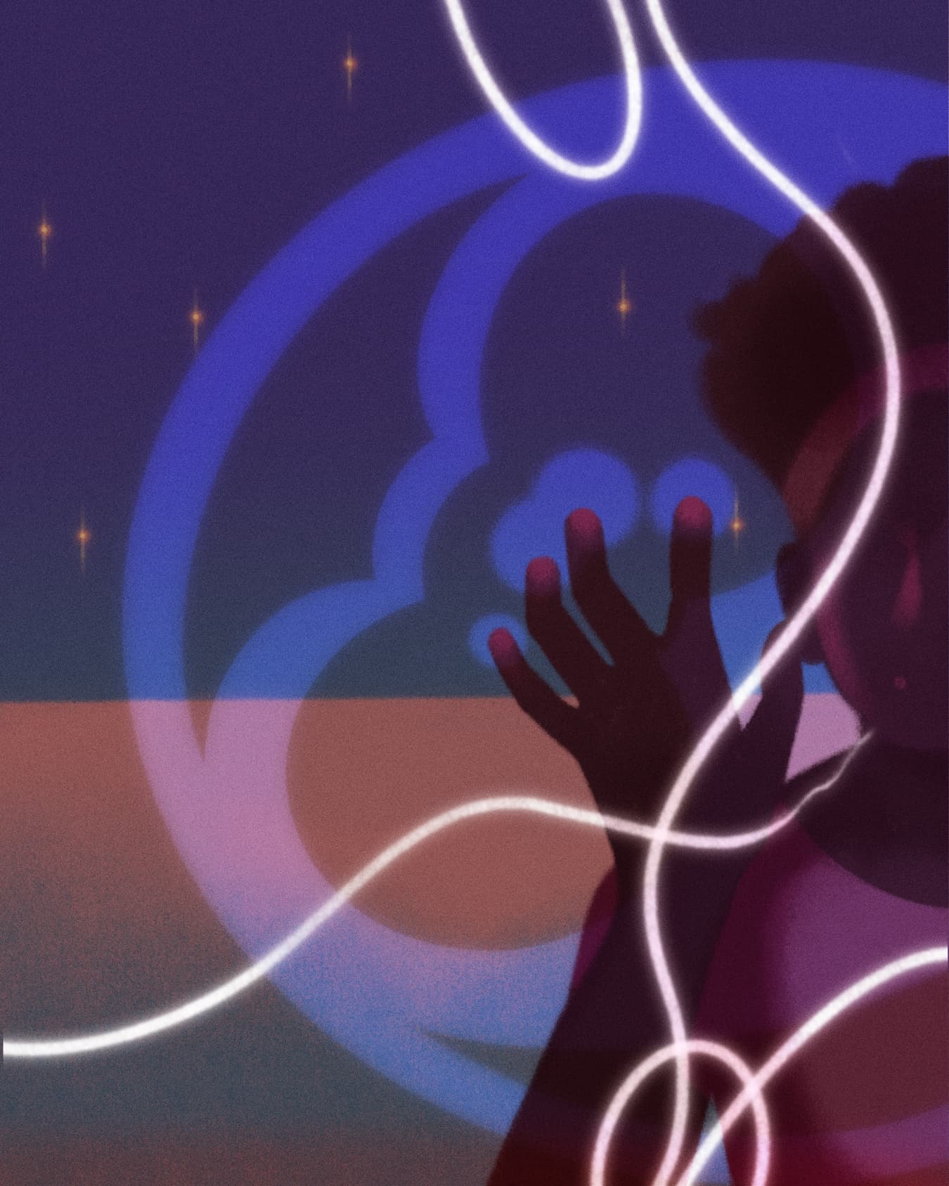 One third of a triptych illustration by Xia Gordon of a dark figure touching a surface facing the viewer with an abstract white line wrapping around them. In the background is abstraction of a much larger figure lying down - it appears like landscape.