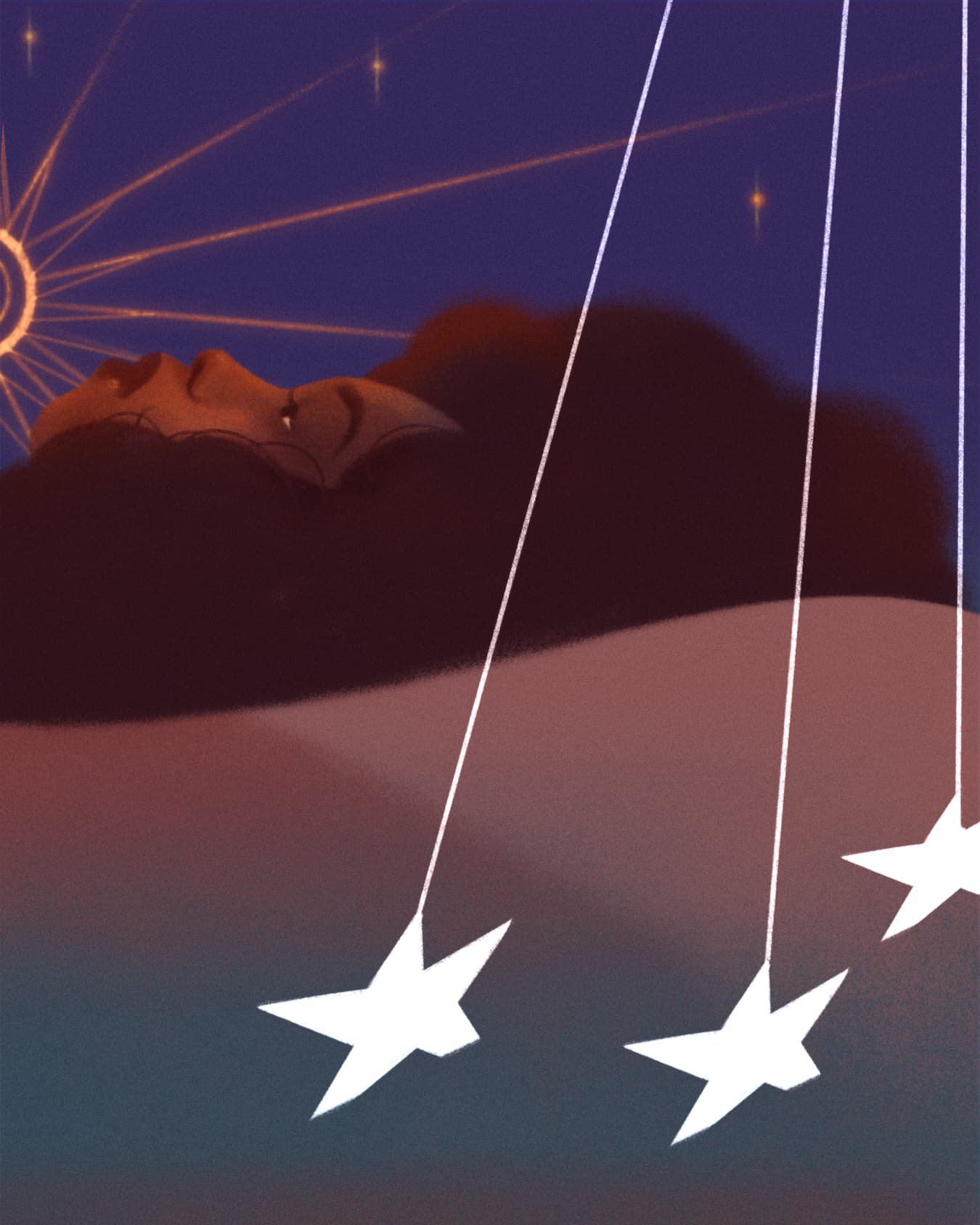 Last third of a triptych illustration by Xia Gordon of a dark figure touching a surface facing the viewer with an abstract white line wrapping around them. In the background is abstraction of a much larger figure lying down - it appears like landscape.