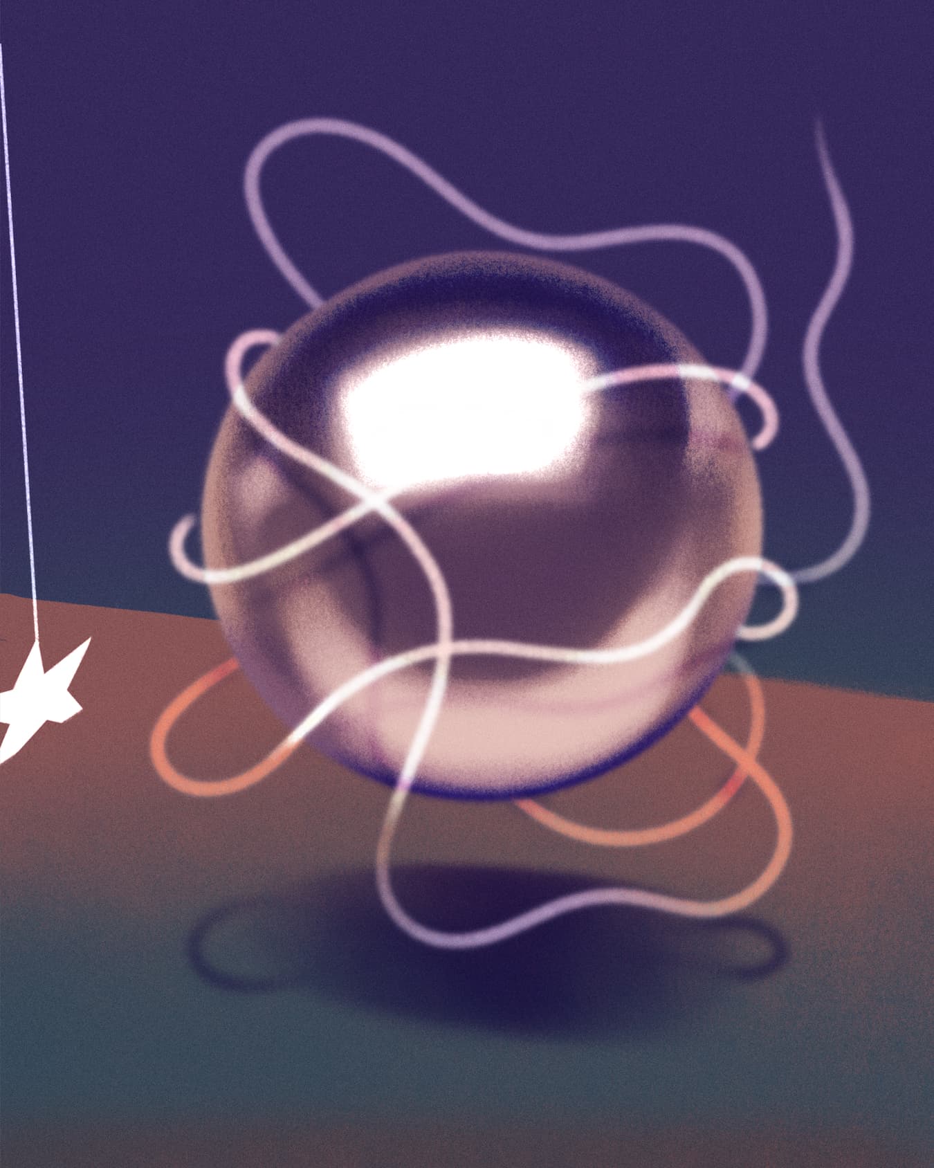 Abstract illustration by Xia Gordon. A silver sphere on a multi colored background.