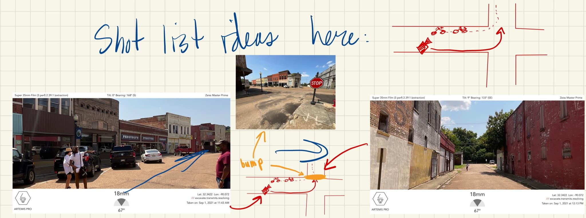 A diagram of Jomo's plan to shoot a scene for "All Dirt Roads Taste of Salt." Photos of the set are overlayed on a grid with arrows pointing to potential camera angles. "Shot list rides here:" is written at the top.