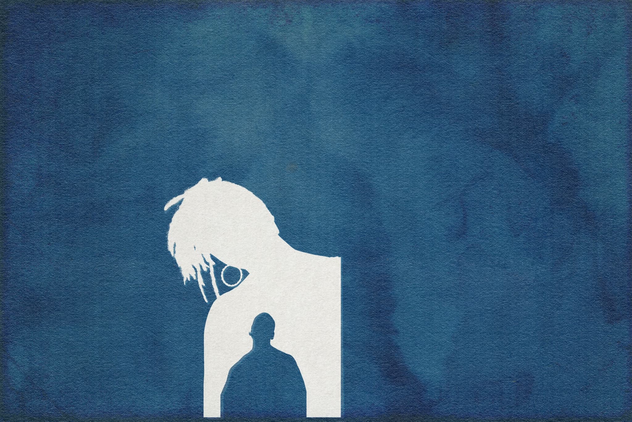 An illustration of a person tilting their head to the left. Within that image is the outline of the upper-half of a man.