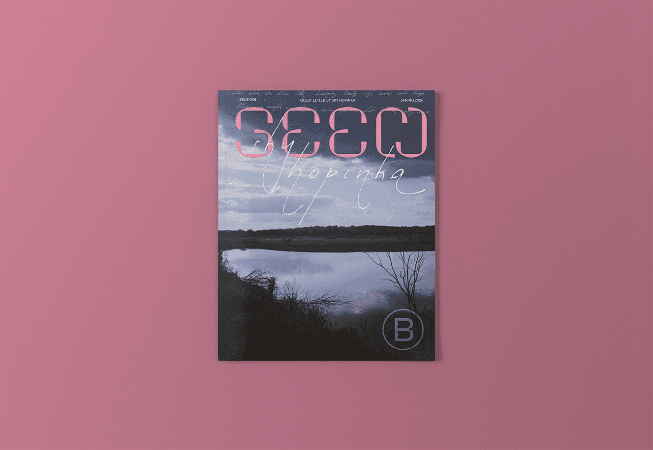A graphic featuring the cover of Seen issue 008, guest edited by Sky Hopinka, against a pink flat background. The cover of the magazine includes a film still from a work by Sky Hopinka, which shows a lake under a sky.