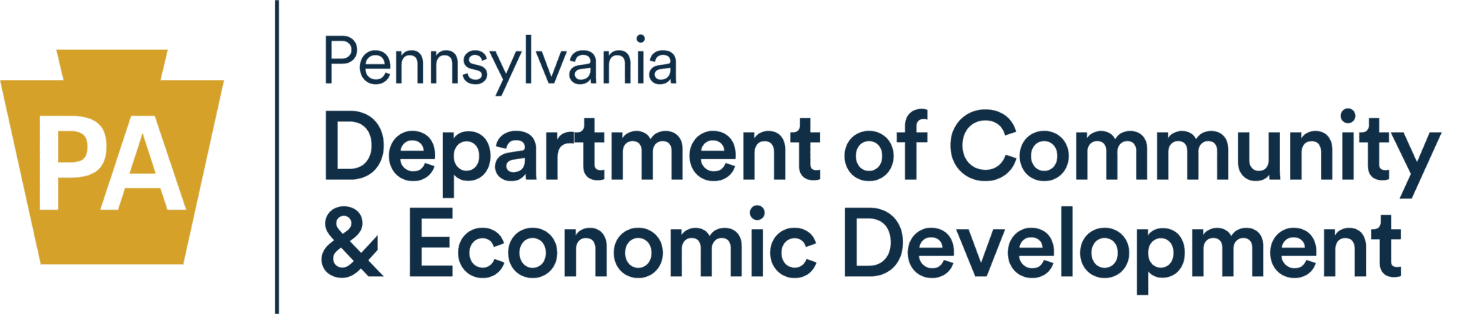 A gold and navy blue logo for the PA Dept. of Community & Economic Development.