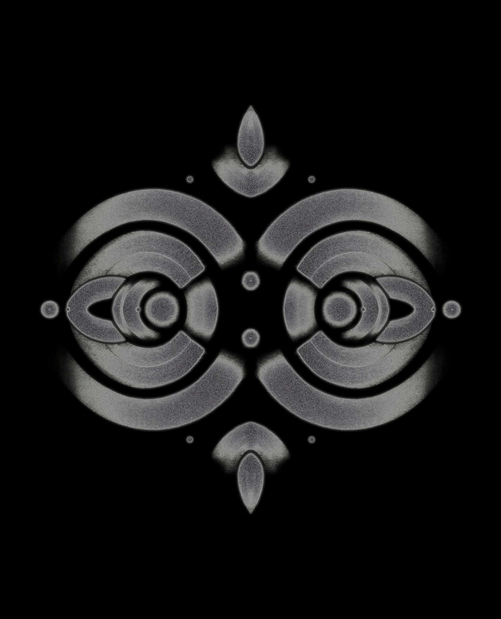 Abstract symmetrical grey patterns of circles create a diamond shape with teardrop-shaped ends on the top and bottom.