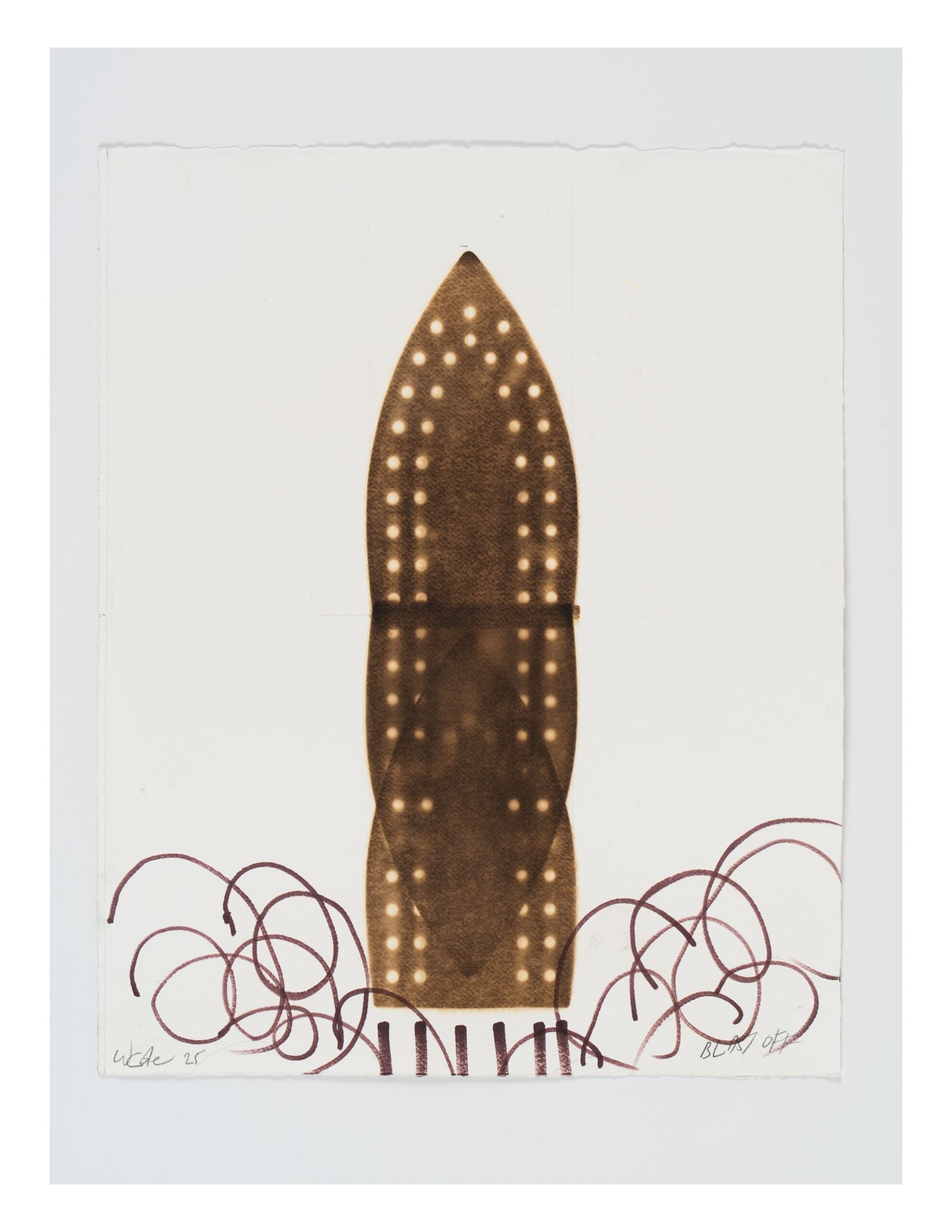 An abstract brown knife/belt-shaped object, and there are burgundy swirls on the bottom of the page.