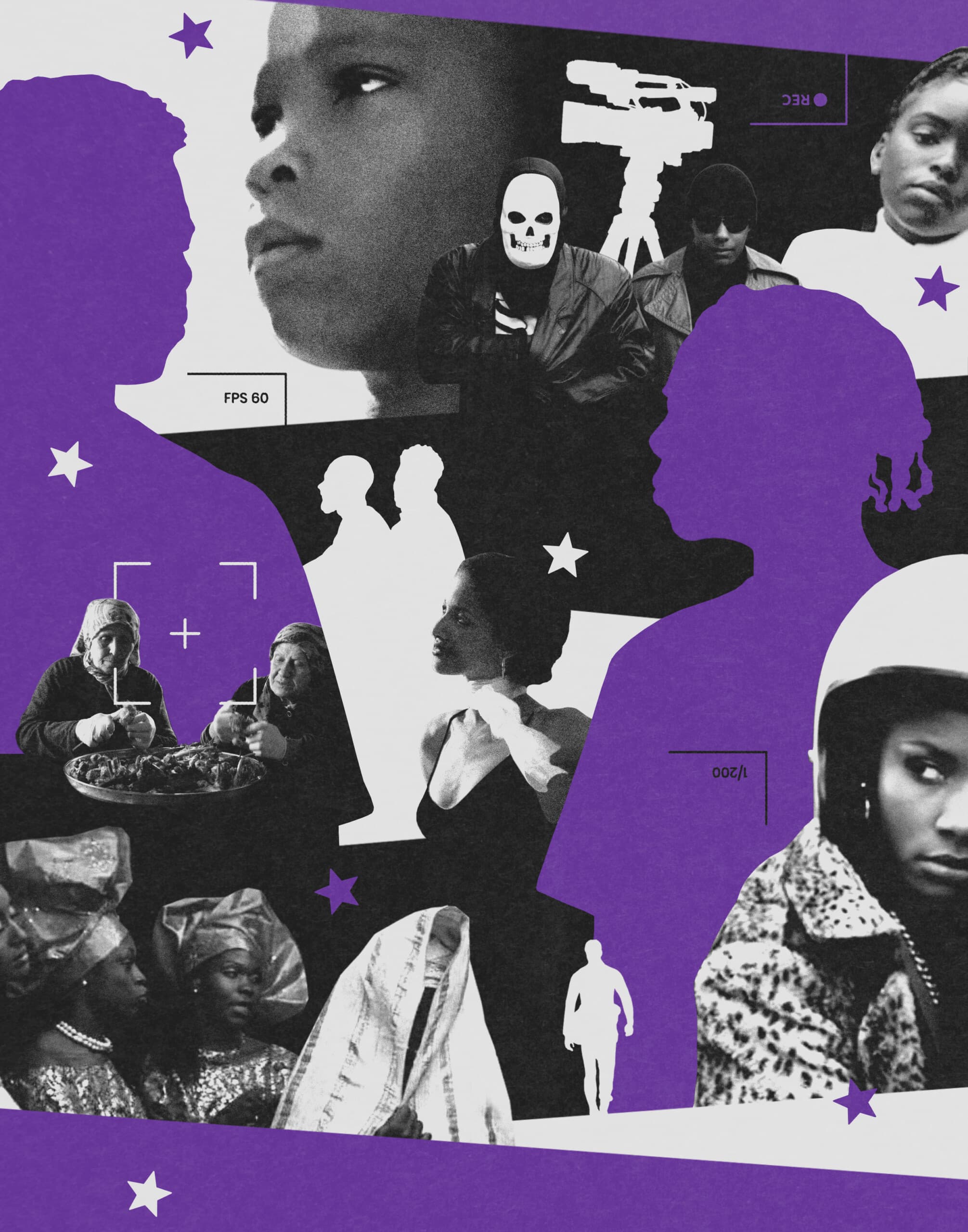 A collage-style illustration in black, white, and purple featuring images of films that have played at the BlackStar Film Festival. At the top, there is a close-up of a person’s face looking to the side, and another close-up of a girl looking at the camera. On the right, a woman in a patterned coat looks to the left. In the lower left, a group of women wearing traditional clothing and headwraps appears to be in conversation. Above that are two women in headscarves cutting vegetables and talking. Near the center, there is a white silhouette of two people riding a bike. In the middle of the image, a woman is pictured in black and white, wearing a sleeveless top and looking off to the side.