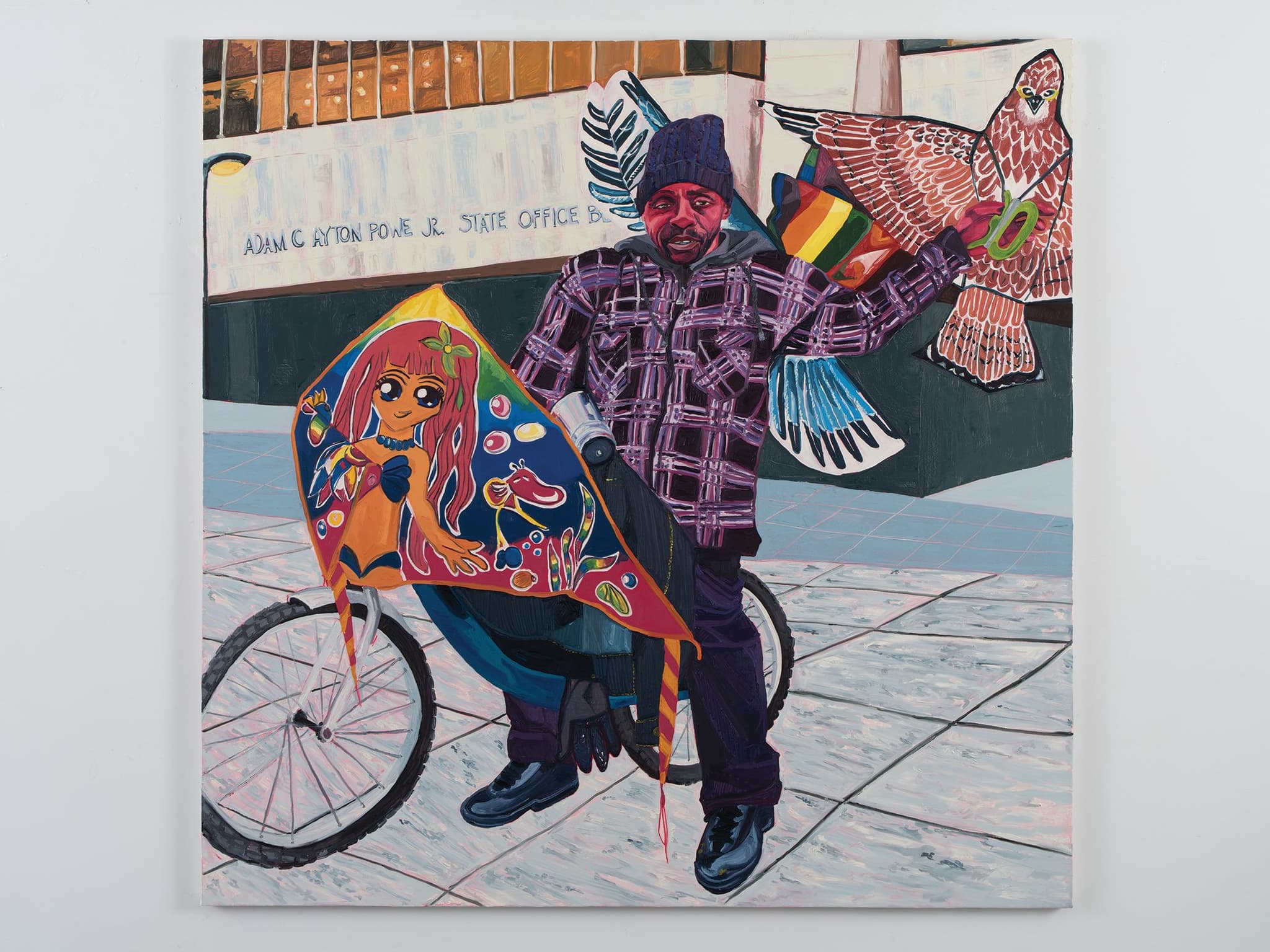 An abstract painting of a man on a bicycle holding a colorful kite in one hand and a bird in the other. The kite has a colorful design with a drawing of a mermaid underwater, and the bird is trying to fly away but is held down by the man’s hand.