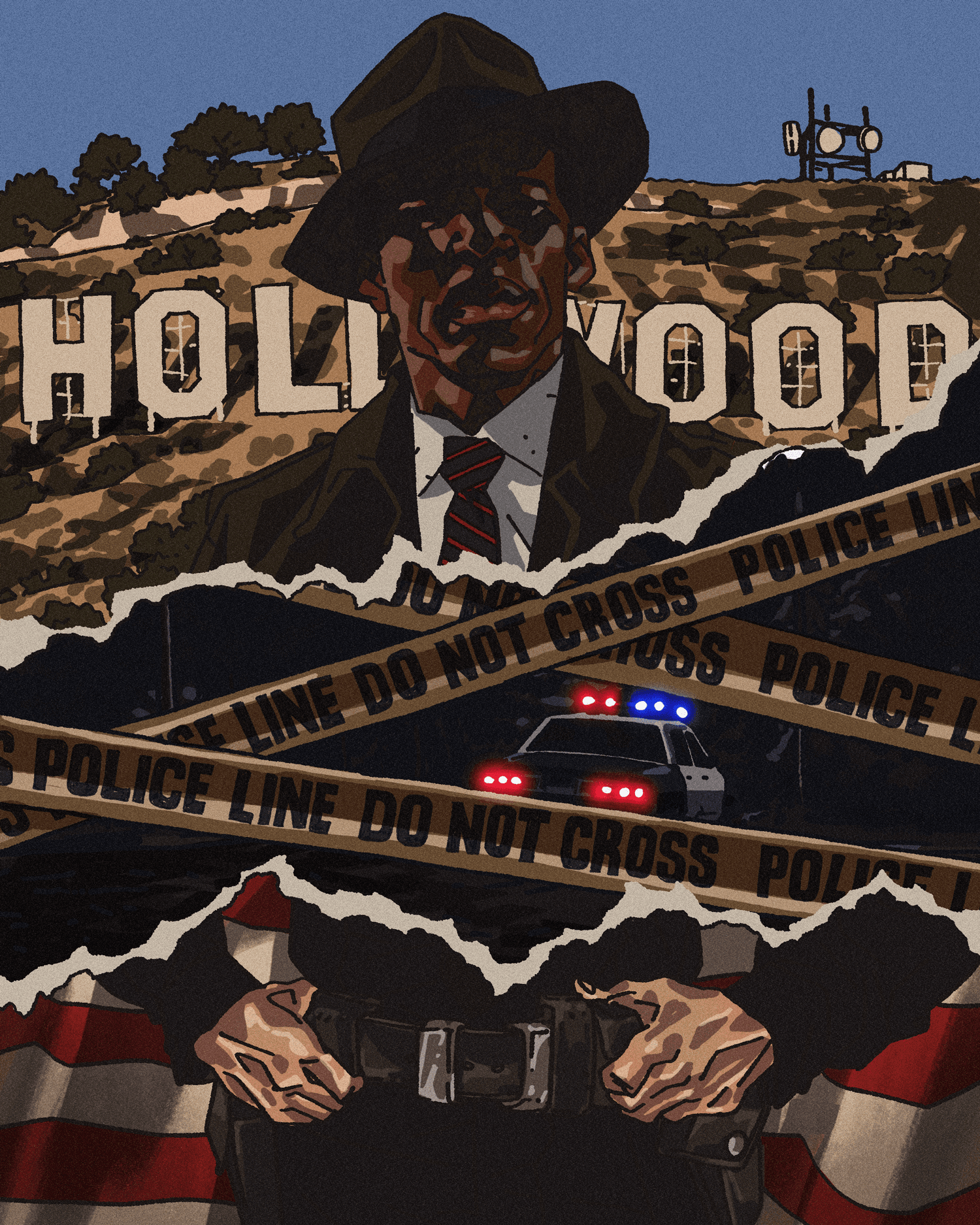 Illustration of a cop in front of the Hollywood sign, with a “Police Line Do Not Cross” tape across him.