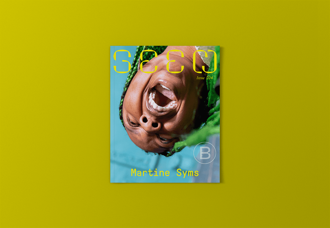 Seen 004 cover image. Order and subscribe. A black closeup image of a Black woman with her mouth is open. She has neon green braids and is photographed against a neon blue background. The cover title and text is rendered in neon green.