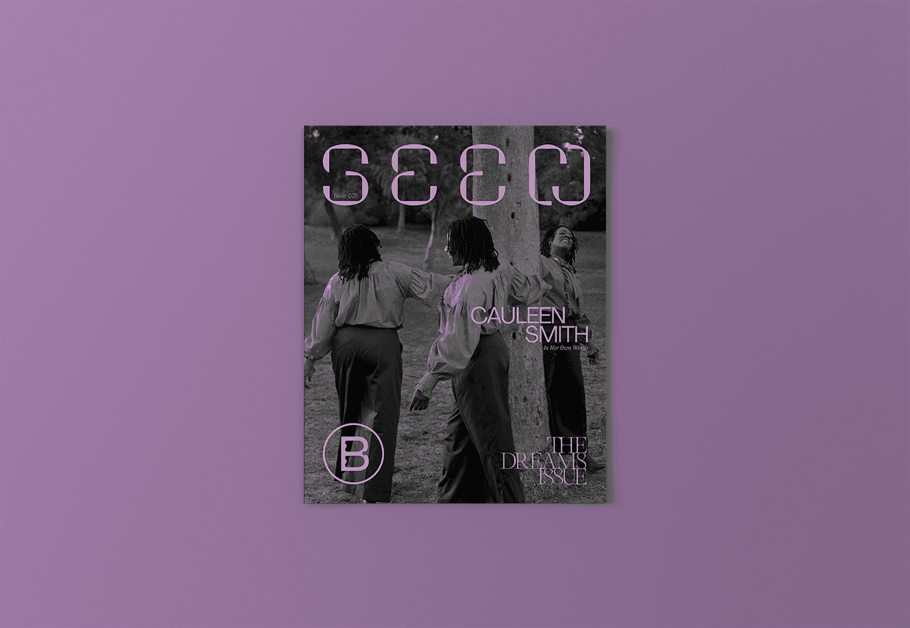 Seen Issue 005 cover image. Order and subscribe. A black and white image shows three women with arms stretched out while walking around a tree. They were dark trousers and light long sleeved shirts. The magazine title and cover text is rendered in purple.
