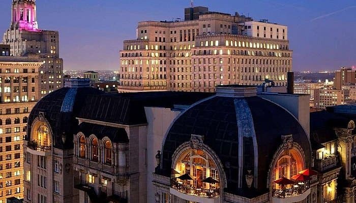 An aerial image of the exterior of the Bellevue Hotel.