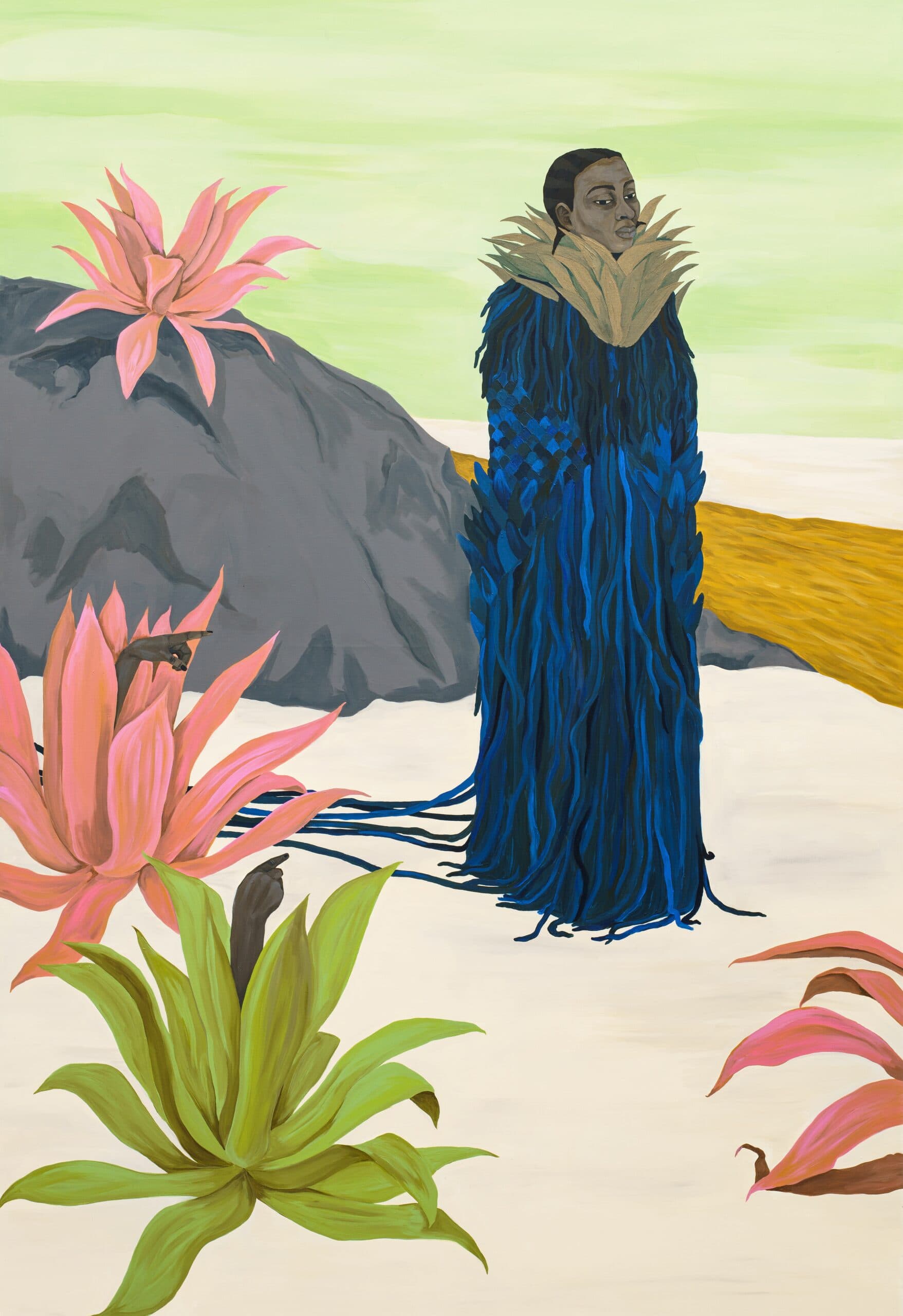 A painting by Tessa Mars features green and pink plants emerging from a white-colored land. A standing figure wears a blue robe and her neck is adorned by something that resembles the plants.