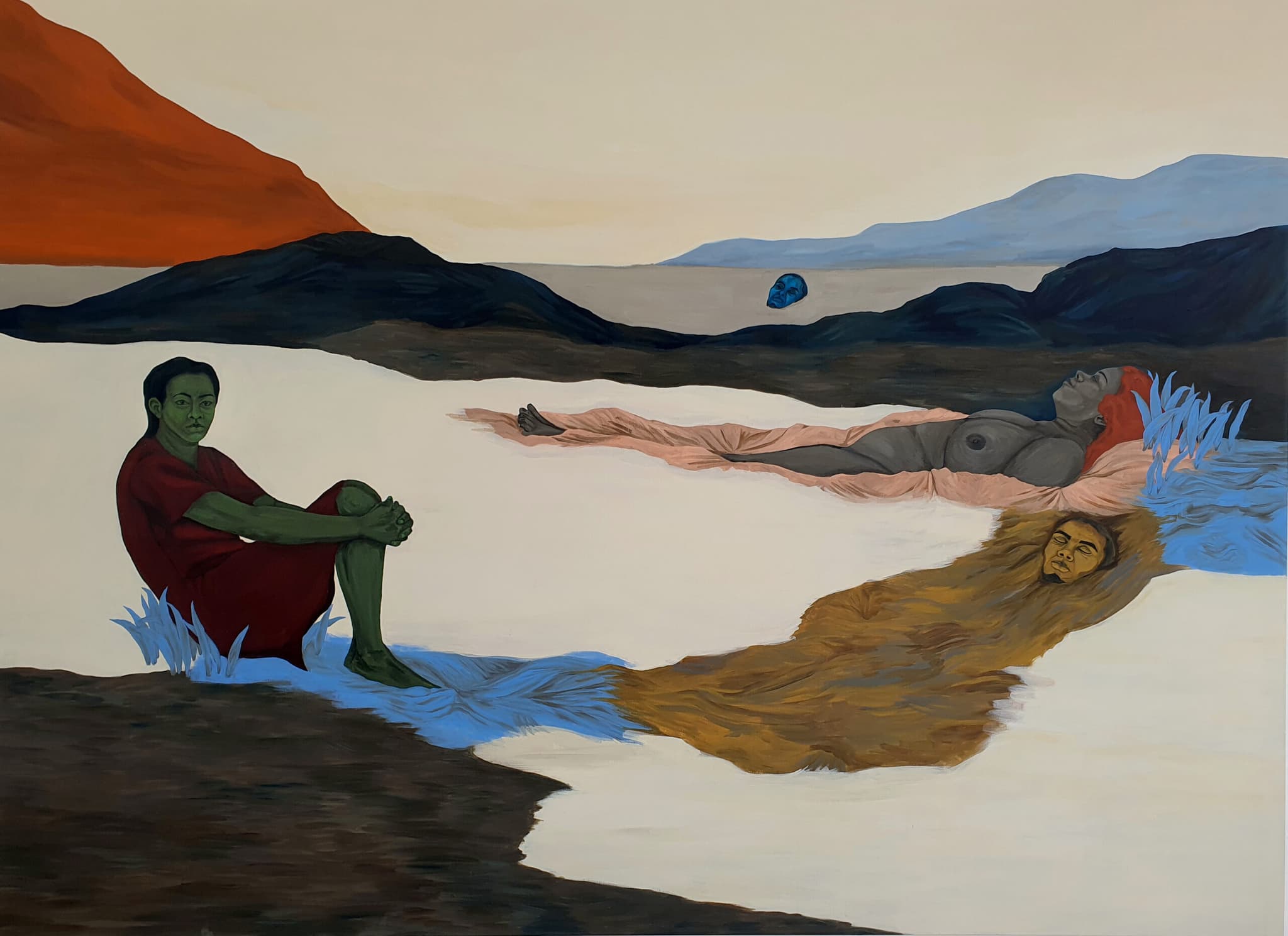 A painting by Tessa Mars features three figures lying down on a white-colored water. One of them sits down, one lies down and appears to be floating, and the other is in black and white, body and face turned away, and is being swallowed up by the water.
