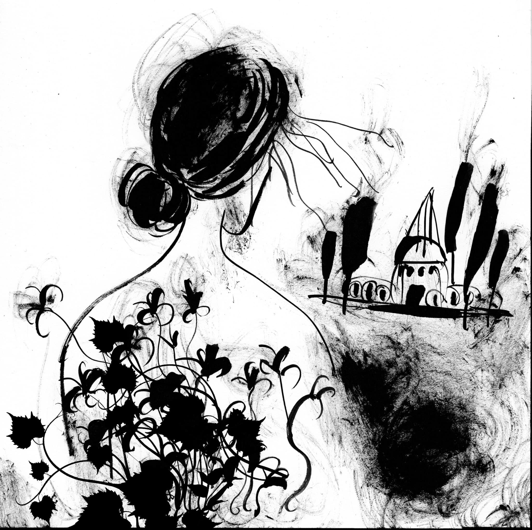 Illustration of a young girl, her dark hair in a low bun, holding a bouquet of flowers behind her back.