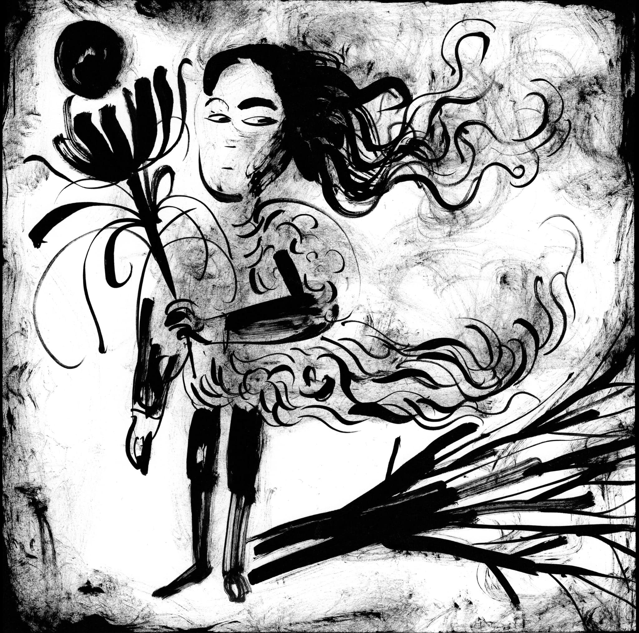 Illustration of a young girl holding a single long flower in her hands. Her hair is blowing and her clothing is flowing as well.