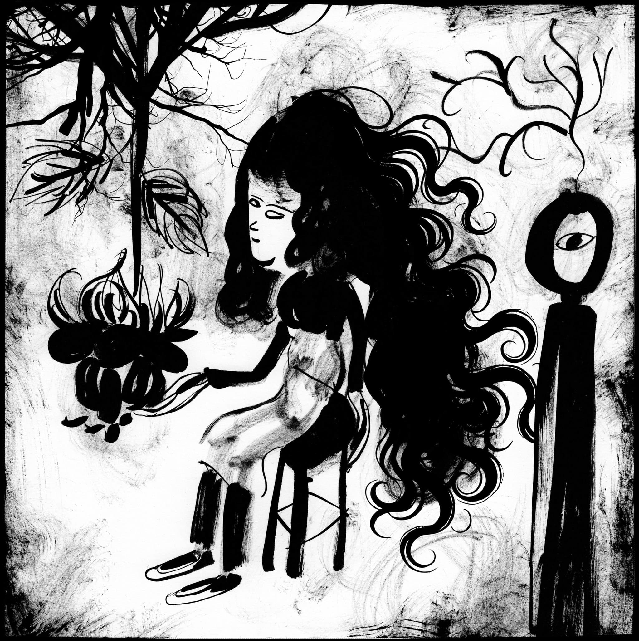 Illustration of a woman, her hair black, long, and curly, holding out her arm to what appears to be an upside down flower.