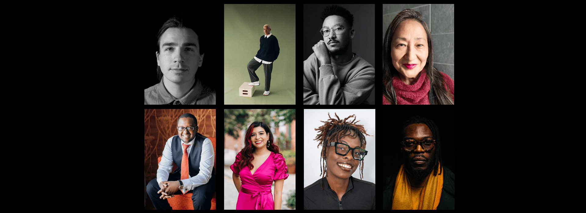 Eight headshots of filmmaker fellows are collaged against a black background