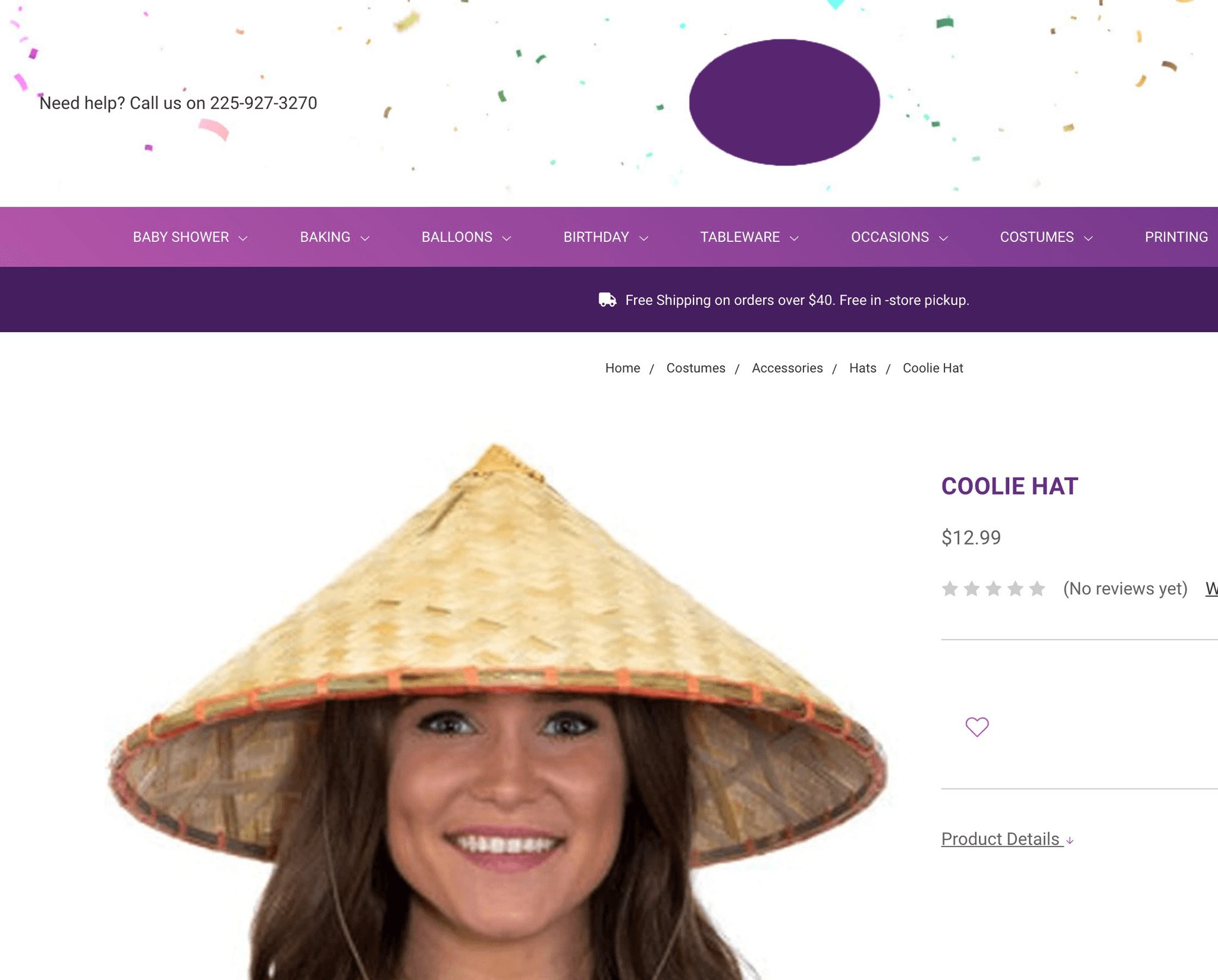 Screen shot from Party Time’s website (taken February 17, 2021). The description says, “Give your Halloween costume a traditional exotic Chinese look with this Coolie Hat!”