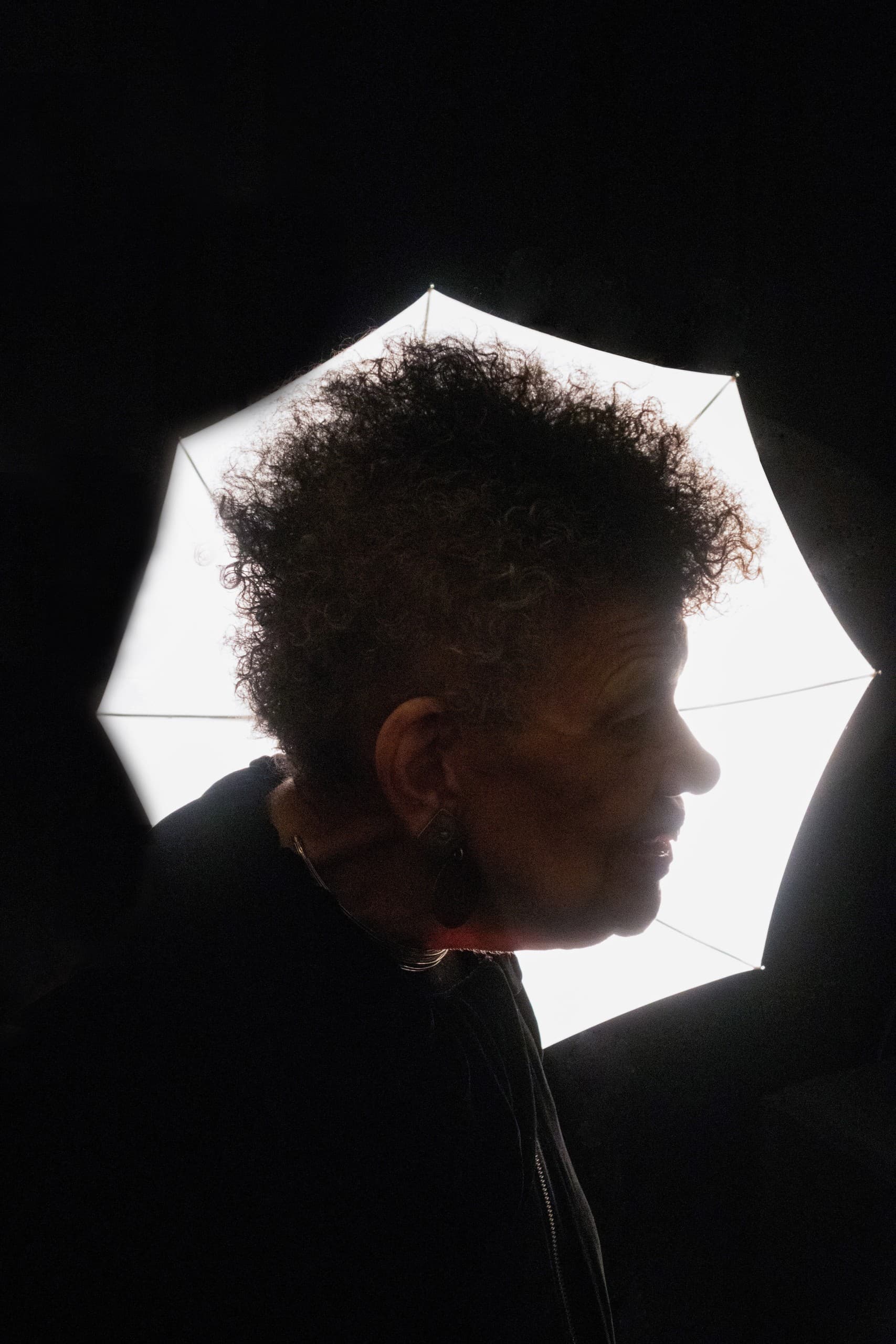 Lorraine O'Grady, photographed by Iris Torres-Gatherer. Silhouette of curly haired person in front of an octagon shaped light.