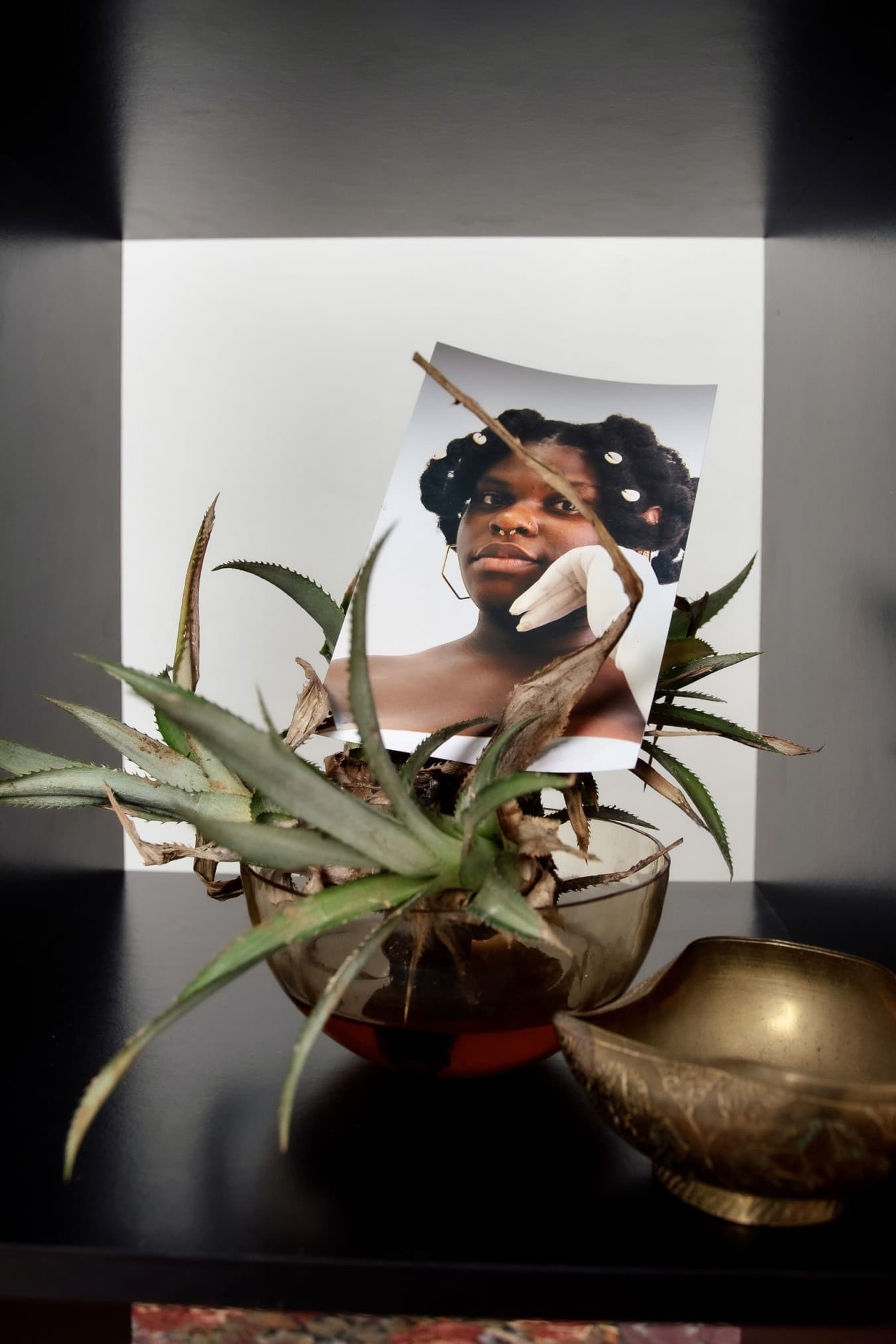 A photo of Sasha Kay's "Sighting Black Girlhood" Exhibition. A printed photo of a young black girl nested in a potted plant.