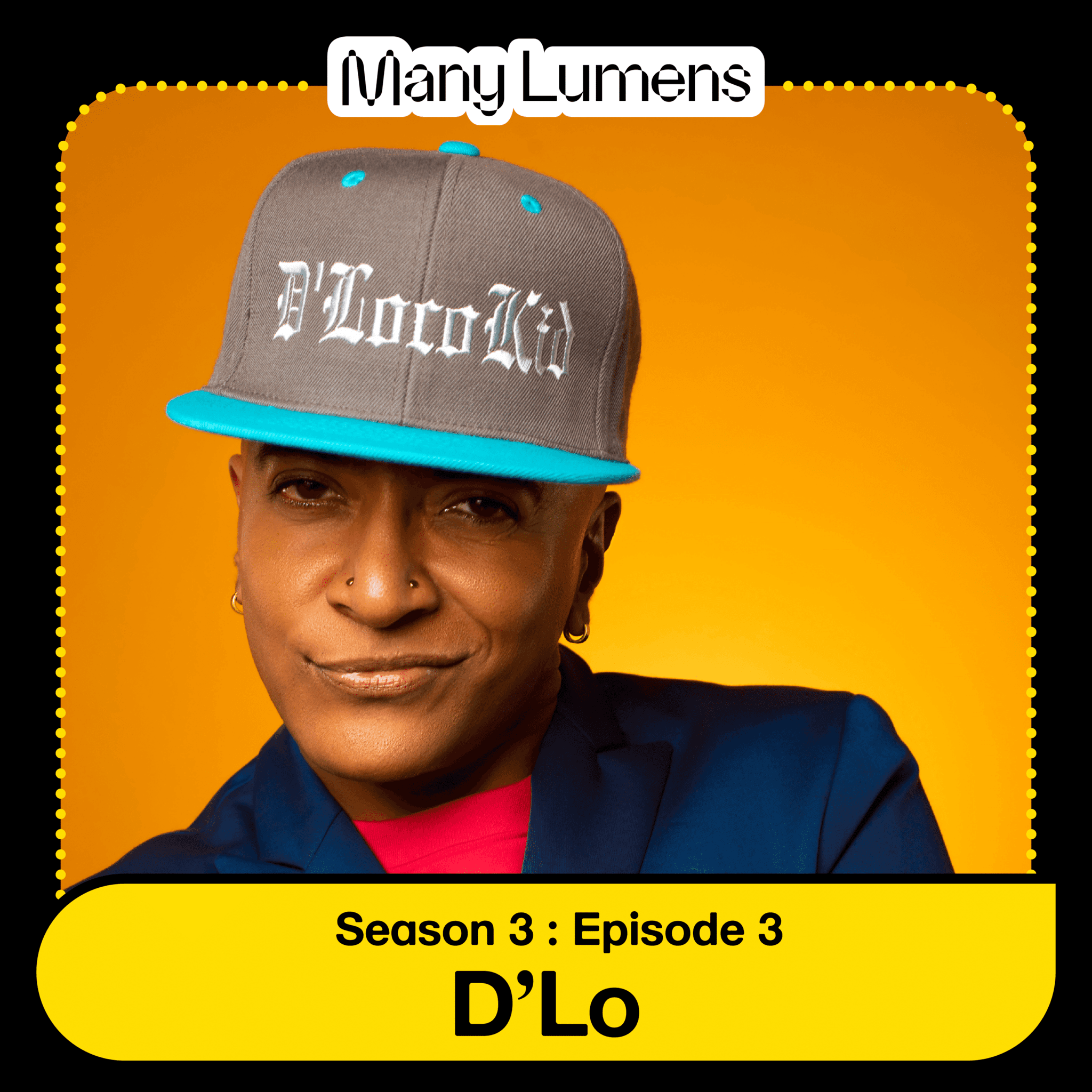 A graphic with a headshot photo of D'Lo. He is a queer Tamil-Sri Lankian-American person. He is wearing a hat, a blue blazer, and a red shirt. He has a smirk on his face. Beneath is text that says "Season 3: Episode 3." Above is text that says "Many Lumens".