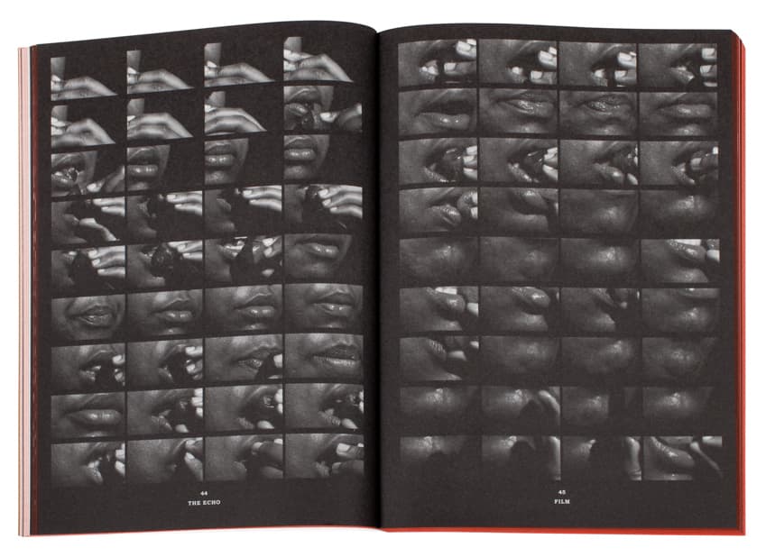 A spread from the book. It shows two pages tiled with close-up photos of a person's mouth and lips.