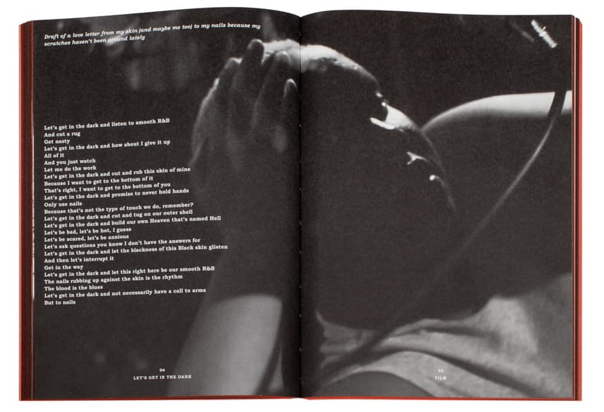 A spread from the book. It shows a black-and-white close-up image of a person with their hand on their head. On the left is text, it is illegible.