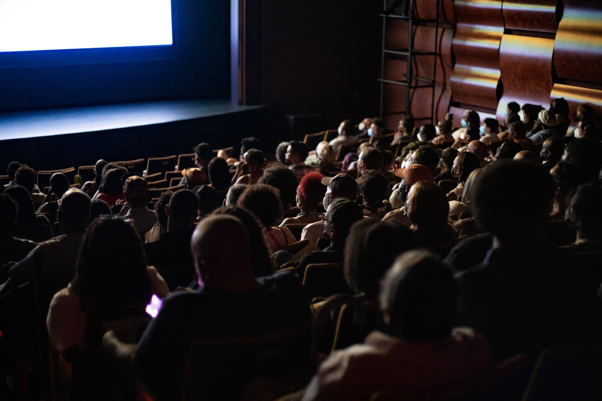 A photo of theater filled with Black and Brown people. They are watching a film. The screen slightly illuminates the room.
