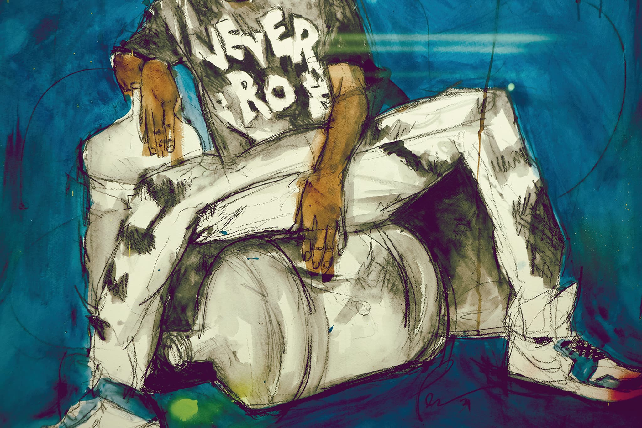 An artwork of someone sitting on a water jug, with one hand resting on a second water jug.