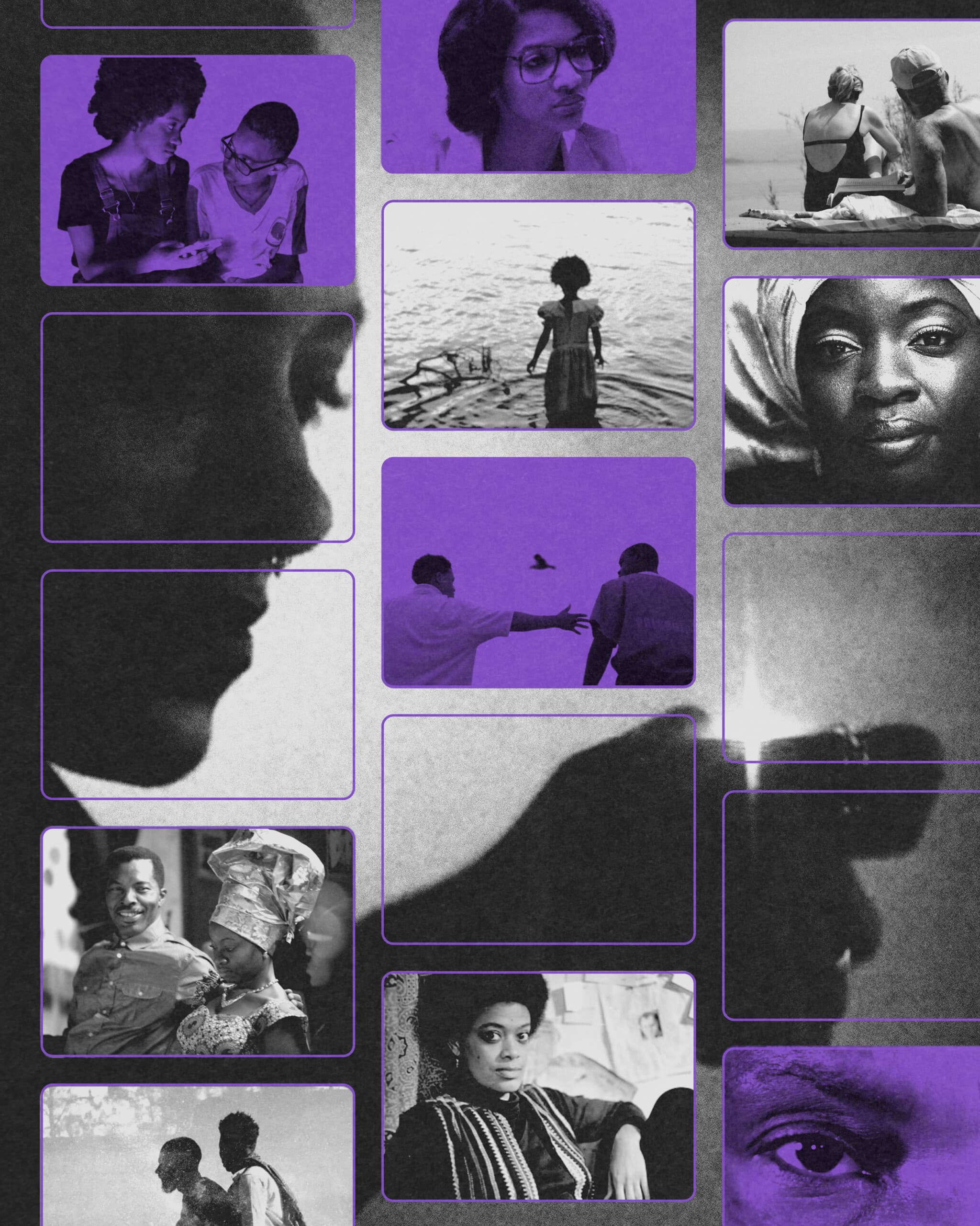 A collage of black-and-white and purple-tinted film stills. At the top are frames of two people talking closely, a person with glasses looking ahead, and a woman sitting on a beach beside someone. In the center, a child stands in shallow water facing away. Around that are close-up profiles of a face and one person with arms spread open. At the bottom is a seated woman looking at the camera alongside a close-up of an eye.