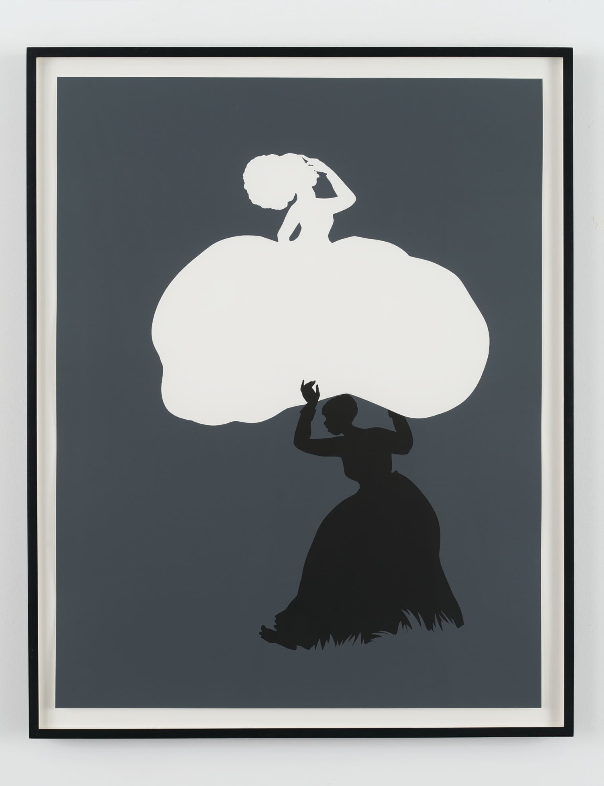A small black silhouette of a woman holding up a larger white silhouette of a woman.