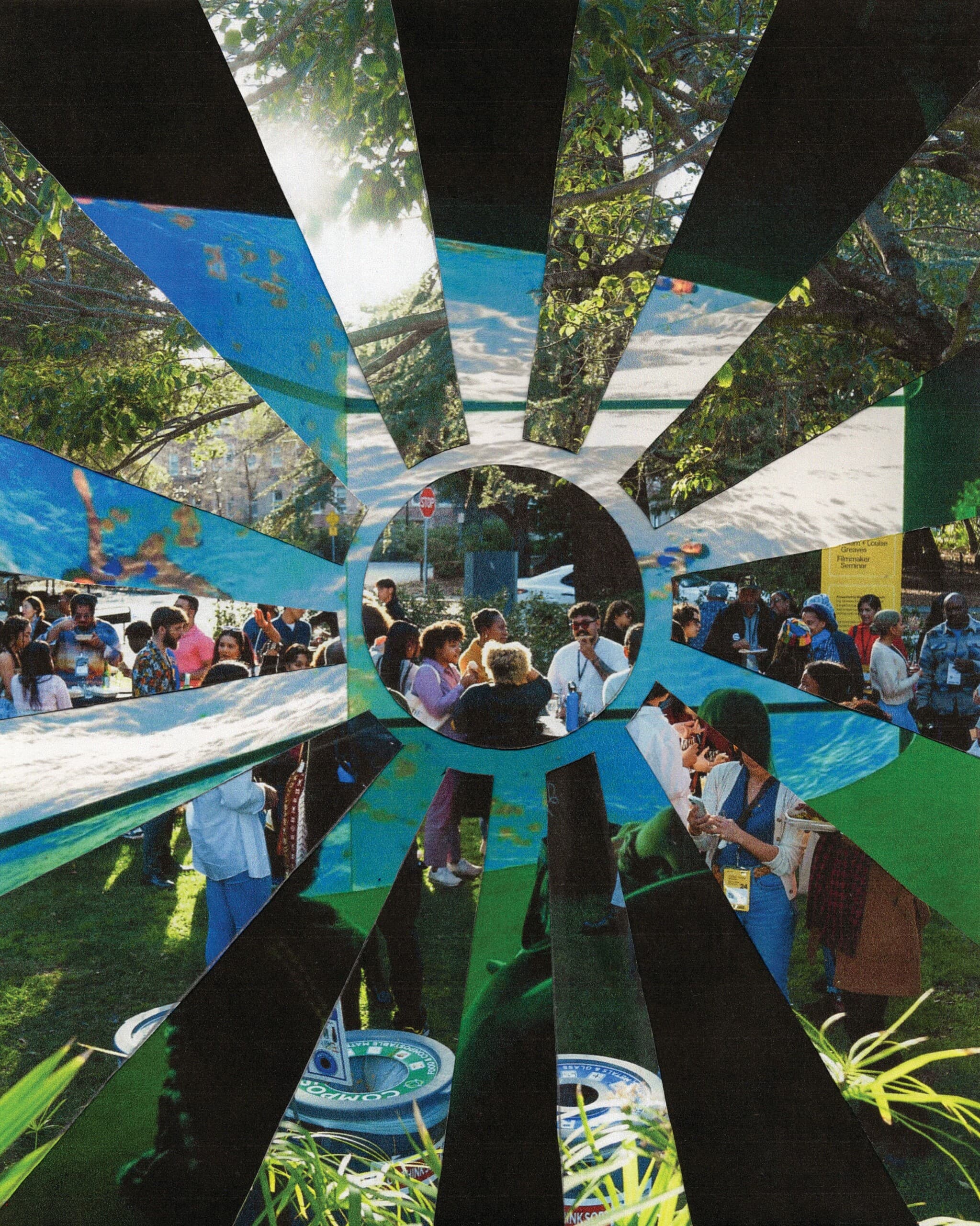 A circular collage of people gathered outdoors. In the center is a small group of people talking, while the surrounding collage shows more people mingling.