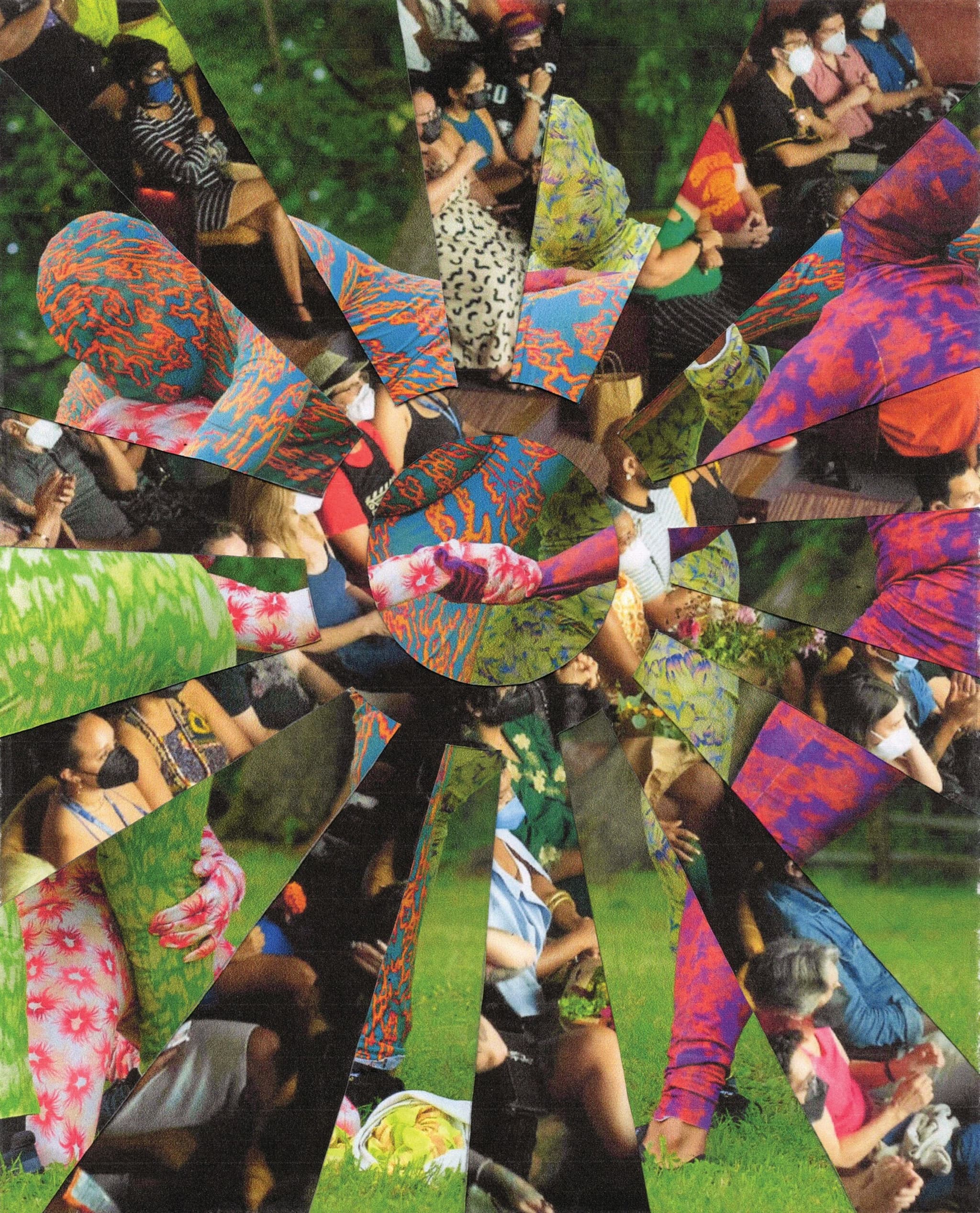 A circular collage of people sitting outdoors in a park. They are wearing bright, colorful, patterned fabrics, creating a kaleidoscope-like image with greenery in the background.