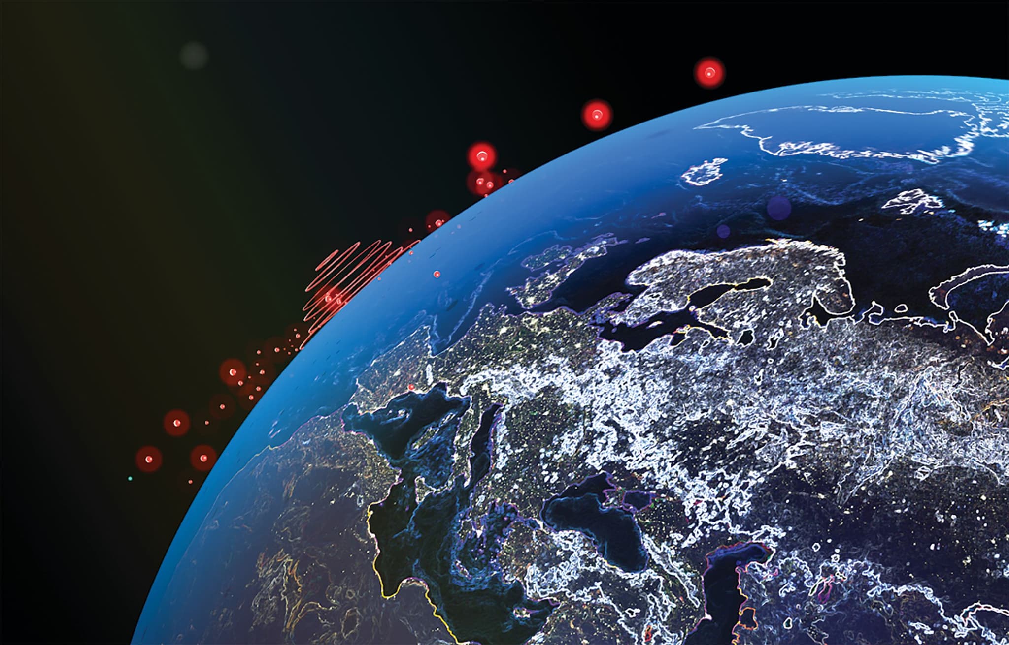 An illustration of the Earth with red spots around it.