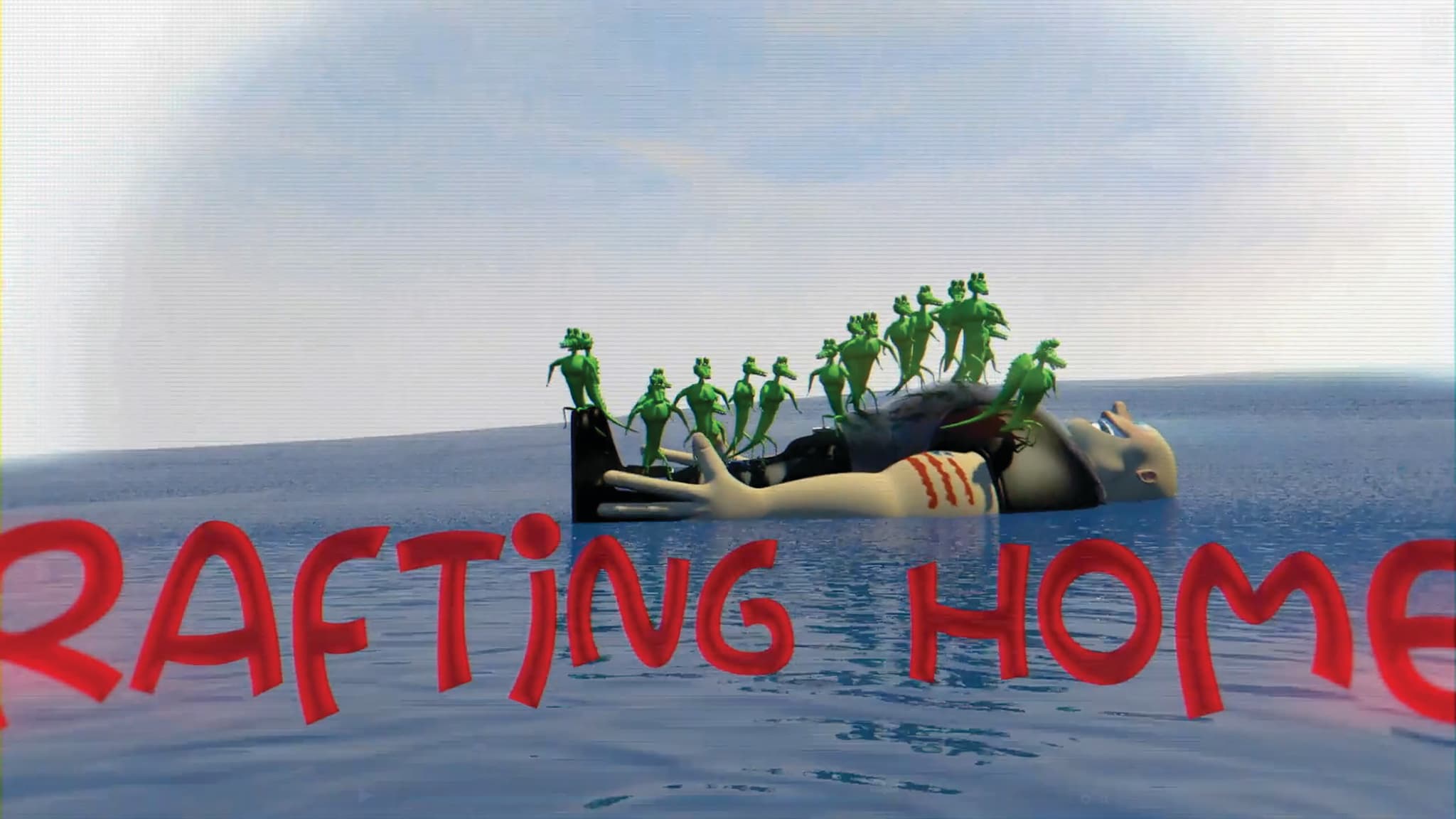 A bunch of green crocodiles in the middle of the ocean, floating on a human dummy. The picture has a “Rafting Home” subtitle.