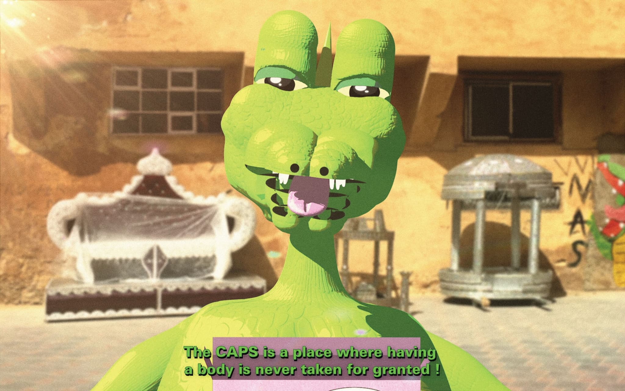 Pg 108 A close-up of an animated green crocodile in a rural area, and the caption reads “The CAPS is a place where having a body is never taken for granted!”