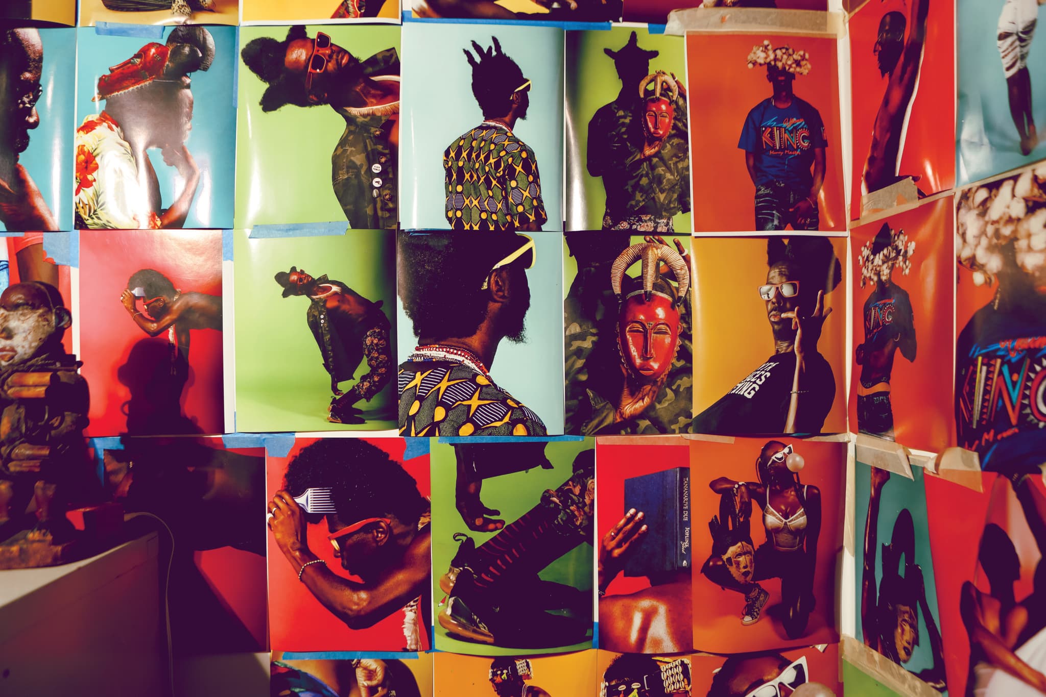 A collage of photos of Fahamu posing in various ways in front of the camera and wearing accessories from sunglasses, a crown, and hats.