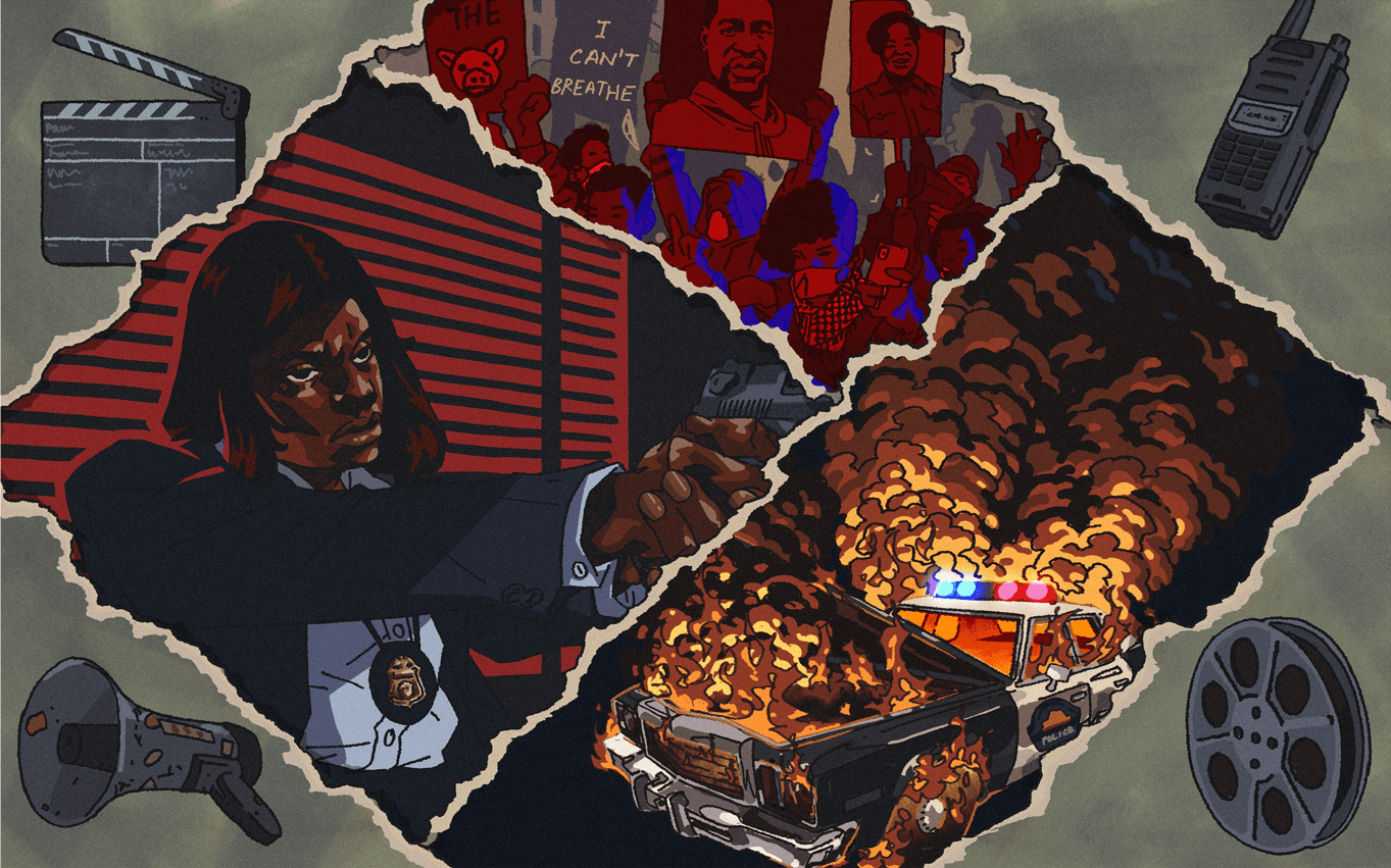 A diamond-shaped collage illustration. On top of the diamond is an illustration of a BLM protest, with people protesting and one of them holding a George Floyd poster. To the left is a black female cop pointing a gun to the right. On the right is a burning cop car. The illustration is surrounded by drawings of a walkie-talkie, megaphone, clapperboard, and film reel.