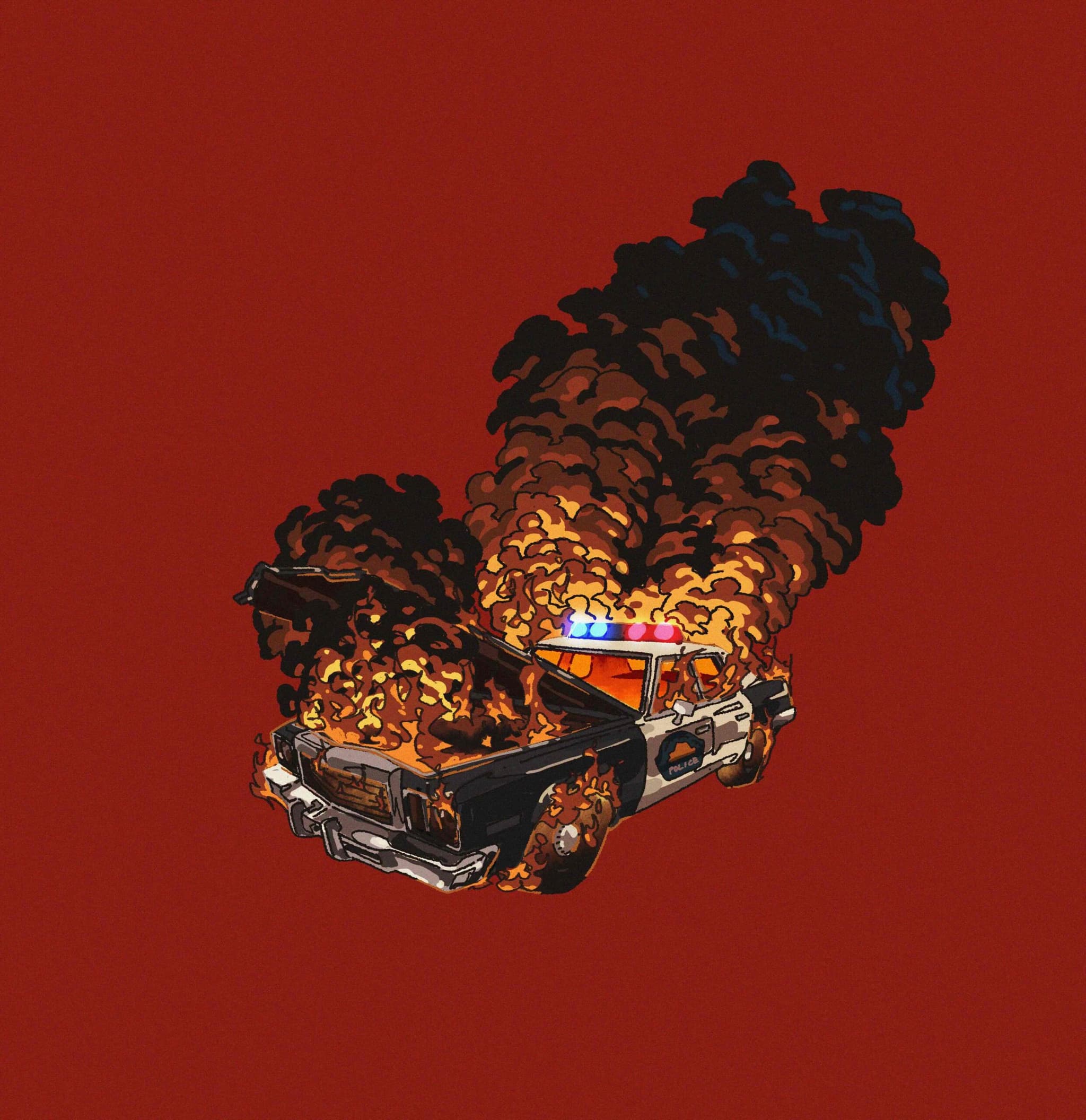 An illustration of a police car on fire.