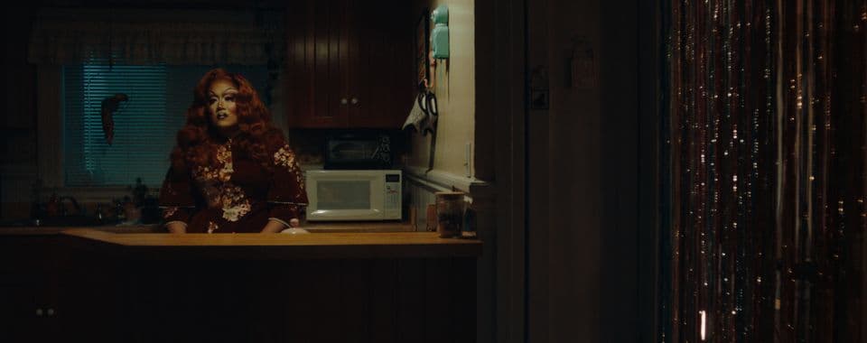 A film still from After What Happened at the Library shows an Asian drag queen sitting in a kitchen, staring into the distance. She is sitting behind a counter, wearing a black dress with red and white floral patterns and a shoulder-length red wavy wig. The kitchen is lit by a single light that throws harsh shadows across the room.