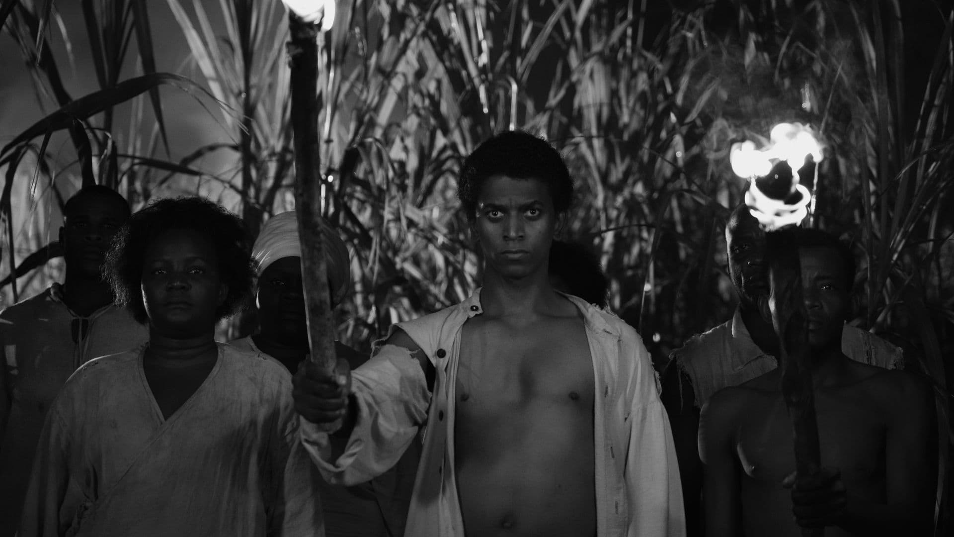 A black-and-white film still from Black Zombie shows a young Black man holding a torch. He’s wearing a ripped, unbuttoned white shirt. He is standing slightly in front of a group of Black men and women, including a woman on the left in a dirty white shirt and a man on the right with no shirt who is also holding a torch. They all stare forward grimly, with tall stalks of grass behind them.