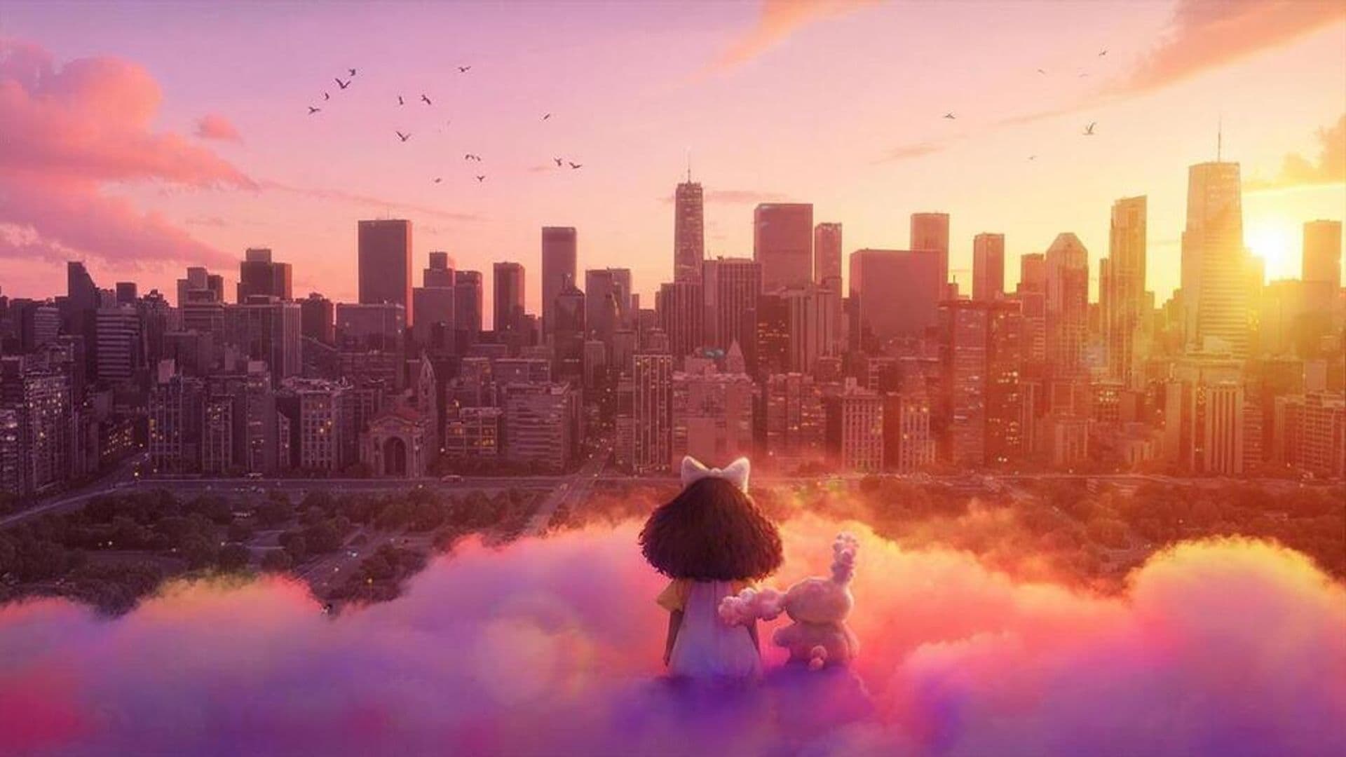An animated film still from ChikaBOOM!! shows a young Black girl and a smaller pink creature sitting on a cloud facing the New York City skyline as the sun sets. The girl is wearing a pink bow and dress.