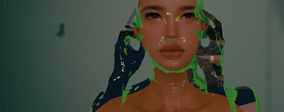 A film still from Mickey shows an animated rendering of a woman covering herself with green paint.