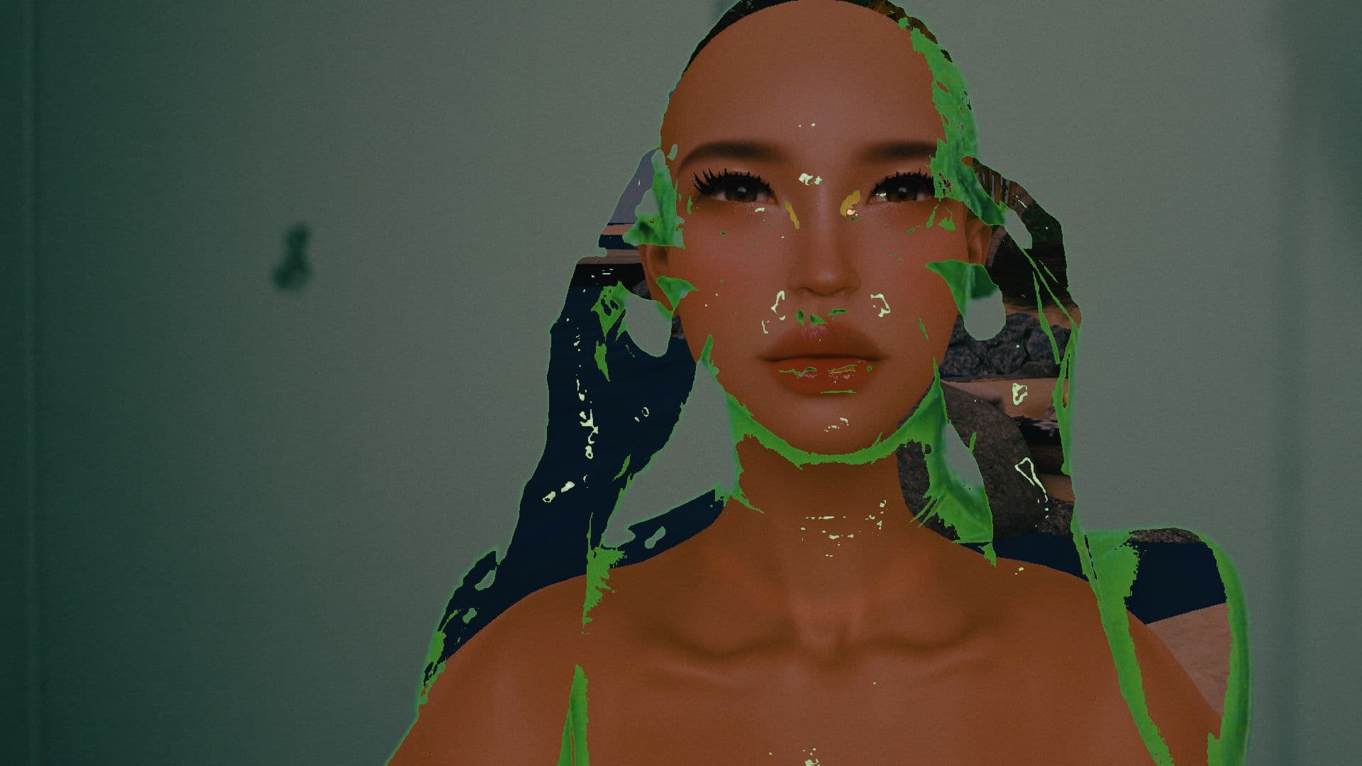 A film still from Mickey shows an animated rendering of a woman covering herself with green paint.