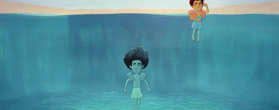 An animated film still from Solace shows two Black boys with afros and swim trunks in a large pool. The light blue horizon of the sky is seen at the top and the two boys wear orange inflatable arm bands. The older boy is at the bottom of the pool while the younger one floats on the top with his left arm raised to swat away three flies around his head.