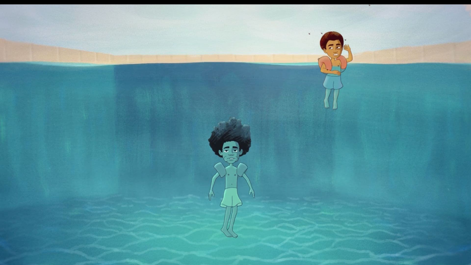 An animated film still from Solace shows two Black boys with afros and swim trunks in a large pool. The light blue horizon of the sky is seen at the top and the two boys wear orange inflatable arm bands. The older boy is at the bottom of the pool while the younger one floats on the top with his left arm raised to swat away three flies around his head.